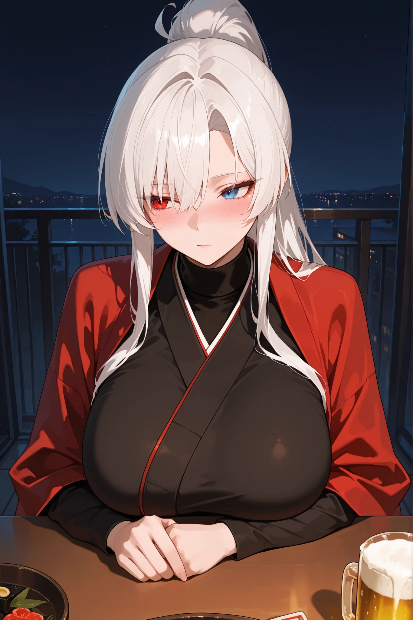 best quality, masterpiece, absurdres, 1girl, solo, heterochromia, red_eye, blue_eye, white_hair, long_sleeves, large_breasts, tall, mature_female, long_hair, red haori, black_kimono, turtleneck, asymmetrical_bangs, tsurime, formal_clothes, ponytail, balcony, outdoor, dark_background, night, blush, table, beer, upper_body, pov, from front, averting_gaze, expressionless,