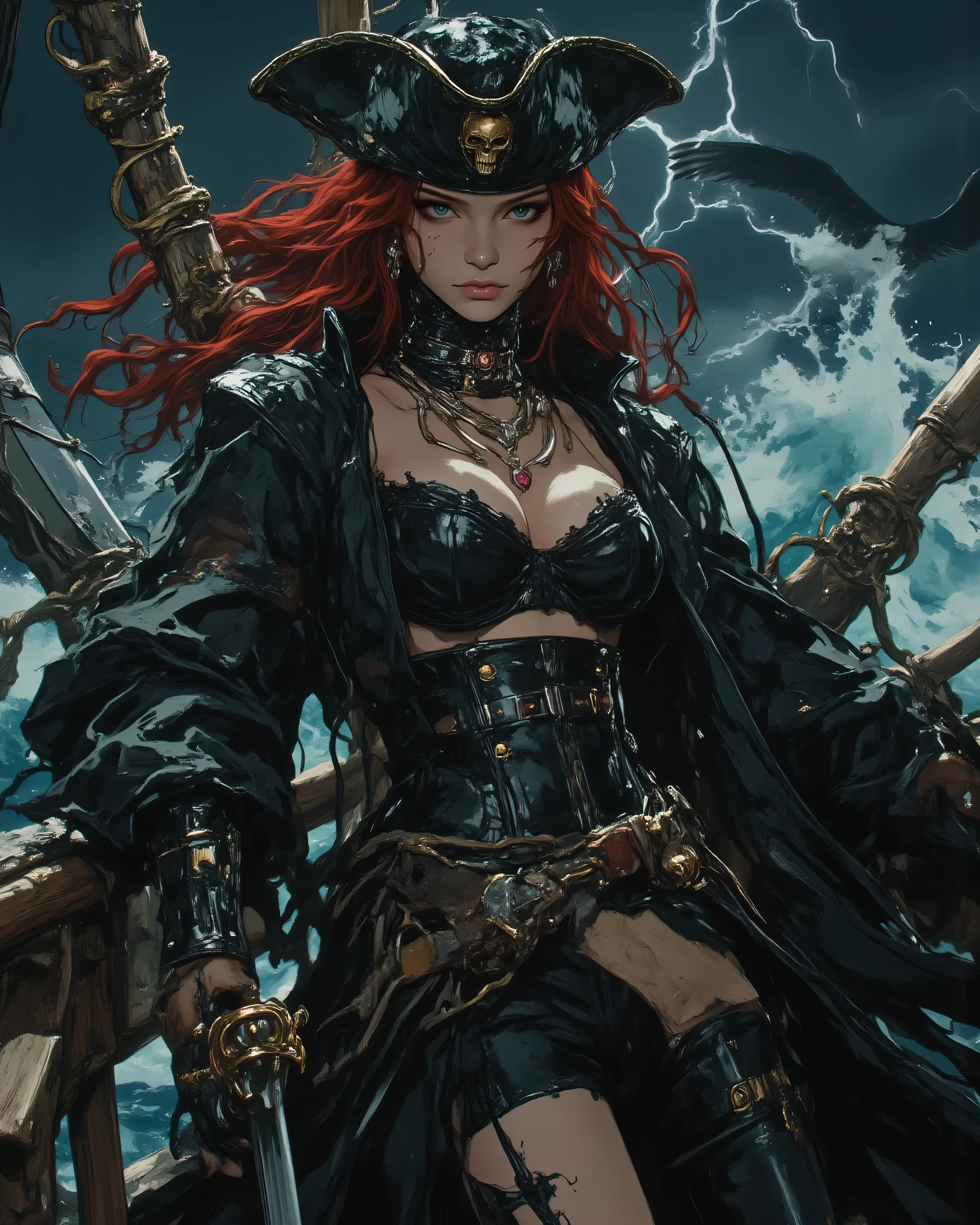 “A stunningly beautiful and fierce female pirate captain in her mid-20s, with long flowing crimson hair whipped by salty sea wind, sharp emerald eyes gleaming with defiant confidence, tanned skin marked with subtle scars from battles, full lips curled in a roguish smirk, wearing a weathered black leather corset with intricate gold buckles and lace trims accentuating her athletic hourglass figure, a tricorn hat adorned with a golden skull emblem and feathers tilted rakishly, heavy pirate coat with frayed edges and brass buttons draped over her shoulders like a cape, holding a ornate cutlass in one hand with engraved hilt and ruby pommel, a flintlock pistol tucked in her belt with pearl inlays, multiple layered necklaces of doubloons and shark teeth dangling across her chest, tall leather boots with buckles splashed with sea spray, standing boldly on the deck of a storm-tossed galleon ship during a raging ocean tempest, waves crashing against wooden rails, lightning illuminating billowing sails and coiled ropes, intricate details on weathered wood planks, rivets on cannon barrels, flying seagulls in the distance, dynamic low-angle shot emphasizing her commanding presence and elegant strength. Hyper-realistic fantasy style inspired by Pirates of the Caribbean and Art Nouveau, rich jewel tones of deep blues, golds, and crimsons with dramatic chiaroscuro lighting from lightning flashes, high texture on leather cracks, metal engravings, and fabric folds, ultra-detailed, 8k resolution, –ar 16:9 –v 6 –q 2 –stylize 750”