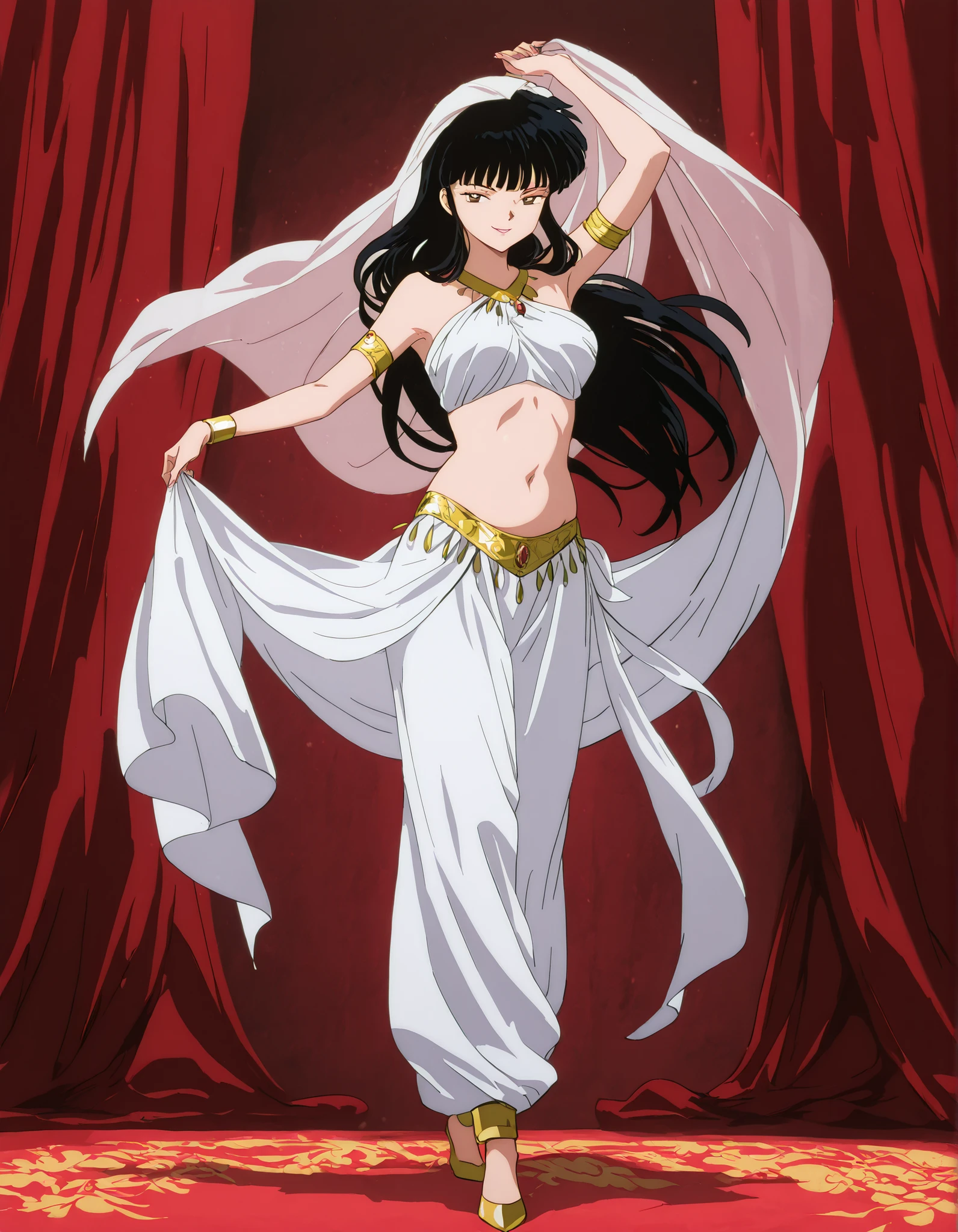 (1girl:1 . 5) , (Seul:1 . 5) , score_9 , score_8_haut , score_7_haut , source_anime , Official work , ultra-detailed , masterpiece , best quality , high resolution , beaux yeux , detailed eyes , Detailed face , beautiful detailed eyes,1girl,long hair, black hair, brown eyes, sidelocks, himecut,InuYasha,Kikyou,Arabian Clothes , Arabian Dancer Outfit ,belly dancer costume,belly dancer outfit ,full body,golden jewelery,armlet,belly dancing,arabian theater,seductive smile, dancing with veil, dynamic movement,dance posture, seductive pose