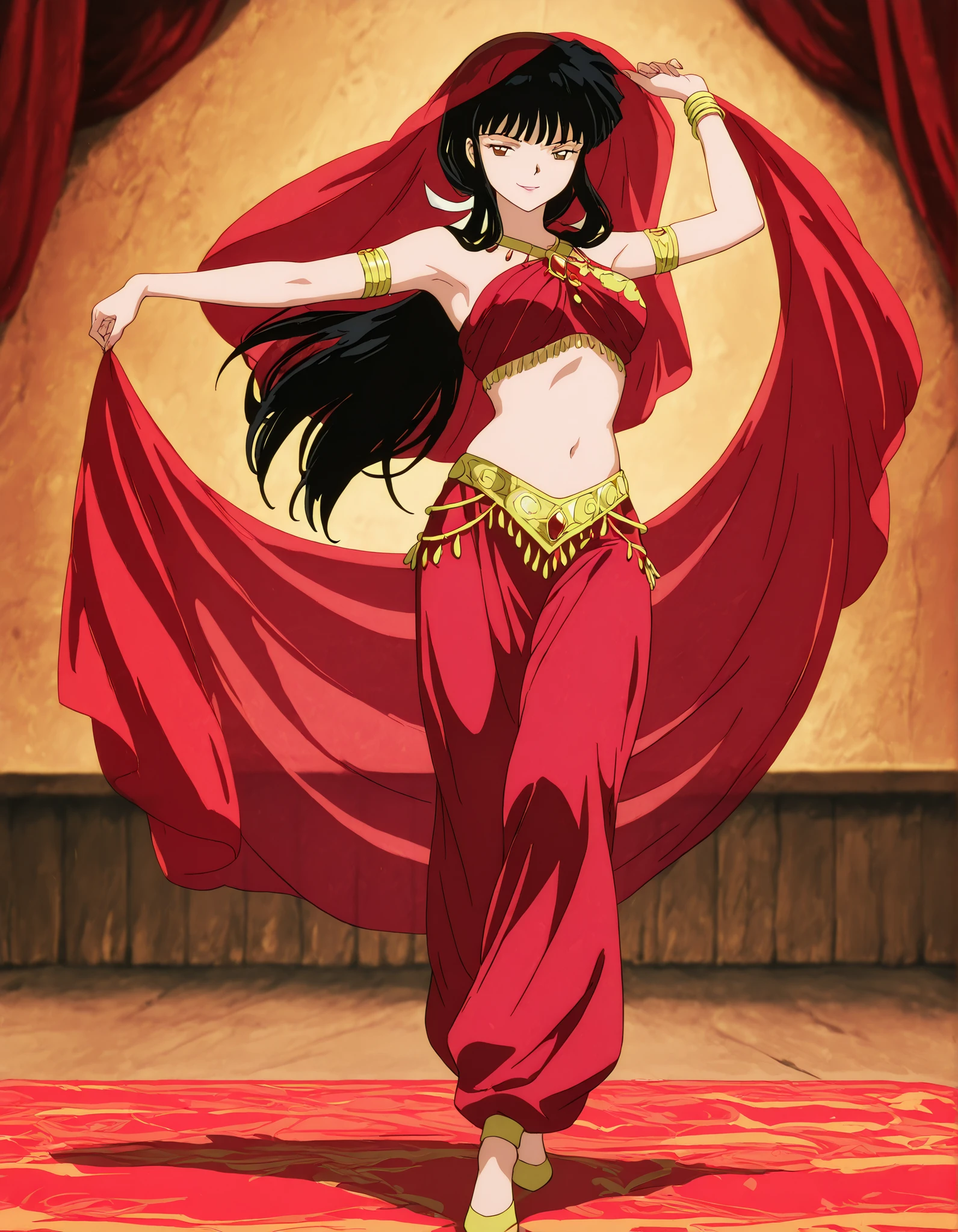 (1girl:1 . 5) , (Seul:1 . 5) , score_9 , score_8_haut , score_7_haut , source_anime , Official work , ultra-detailed , masterpiece , best quality , high resolution , beaux yeux , detailed eyes , Detailed face , beautiful detailed eyes,1girl,long hair, black hair, brown eyes, sidelocks, himecut,InuYasha,Kikyou,Arabian Clothes , Arabian Dancer Outfit ,belly dancer costume,belly dancer outfit ,full body,golden jewelery,armlet,belly dancing,arabian theater,seductive smile, dancing with veil, dynamic movement,dance posture, seductive pose