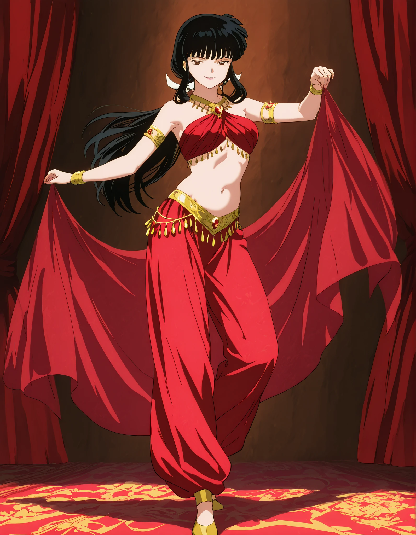 (1girl:1 . 5) , (Seul:1 . 5) , score_9 , score_8_haut , score_7_haut , source_anime , Official work , ultra-detailed , masterpiece , best quality , high resolution , beaux yeux , detailed eyes , Detailed face , beautiful detailed eyes,1girl,long hair, black hair, brown eyes, sidelocks, himecut,InuYasha,Kikyou,Arabian Clothes , Arabian Dancer Outfit ,belly dancer costume,belly dancer outfit ,full body,golden jewelery,armlet,belly dancing,arabian theater,seductive smile, dancing with veil, dynamic movement,dance posture, seductive pose