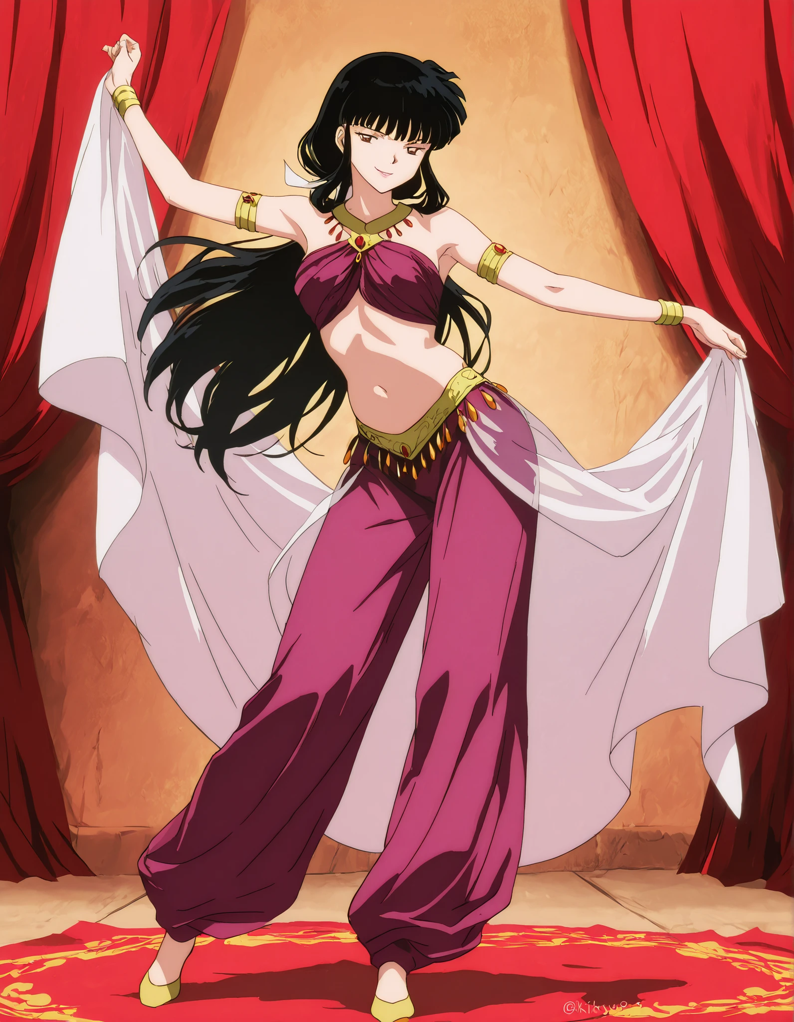 (1girl:1 . 5) , (Seul:1 . 5) , score_9 , score_8_haut , score_7_haut , source_anime , Official work , ultra-detailed , masterpiece , best quality , high resolution , beaux yeux , detailed eyes , Detailed face , beautiful detailed eyes,1girl,long hair, black hair, brown eyes, sidelocks, himecut,InuYasha,Kikyou,Arabian Clothes , Arabian Dancer Outfit ,belly dancer costume,belly dancer outfit ,full body,golden jewelery,armlet,belly dancing,arabian theater,seductive smile, dancing with veil, dynamic movement,dance posture, seductive pose