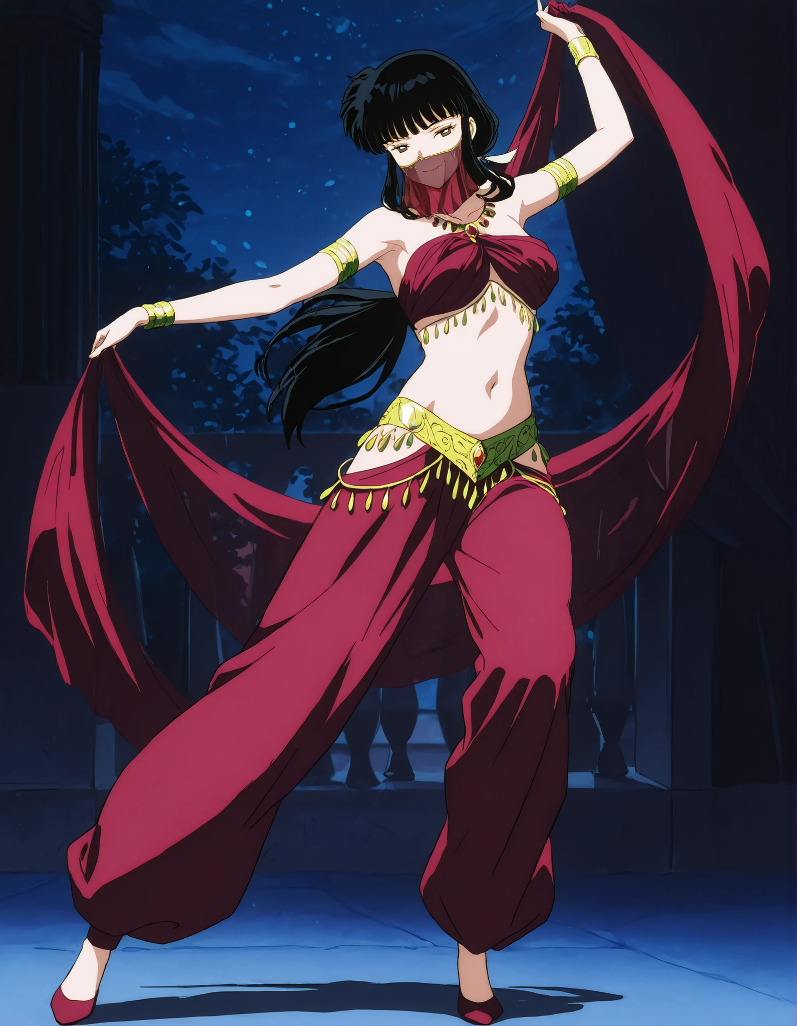 (1girl:1 . 5) , (Seul:1 . 5) , score_9 , score_8_haut , score_7_haut , source_anime , Official work , ultra-detailed , masterpiece , best quality , high resolution , beaux yeux , detailed eyes , Detailed face , beautiful detailed eyes,1girl,long hair, black hair, brown eyes, sidelocks, himecut,InuYasha,Kikyou,Arabian Clothes , Arabian Dancer Outfit ,belly dancer costume,belly dancer outfit ,full body,golden jewelery,mouth veil,armlet,belly dancing,night,arabian garden,seductive smile, dancing with veil, dynamic movement,dance posture, seductive pose