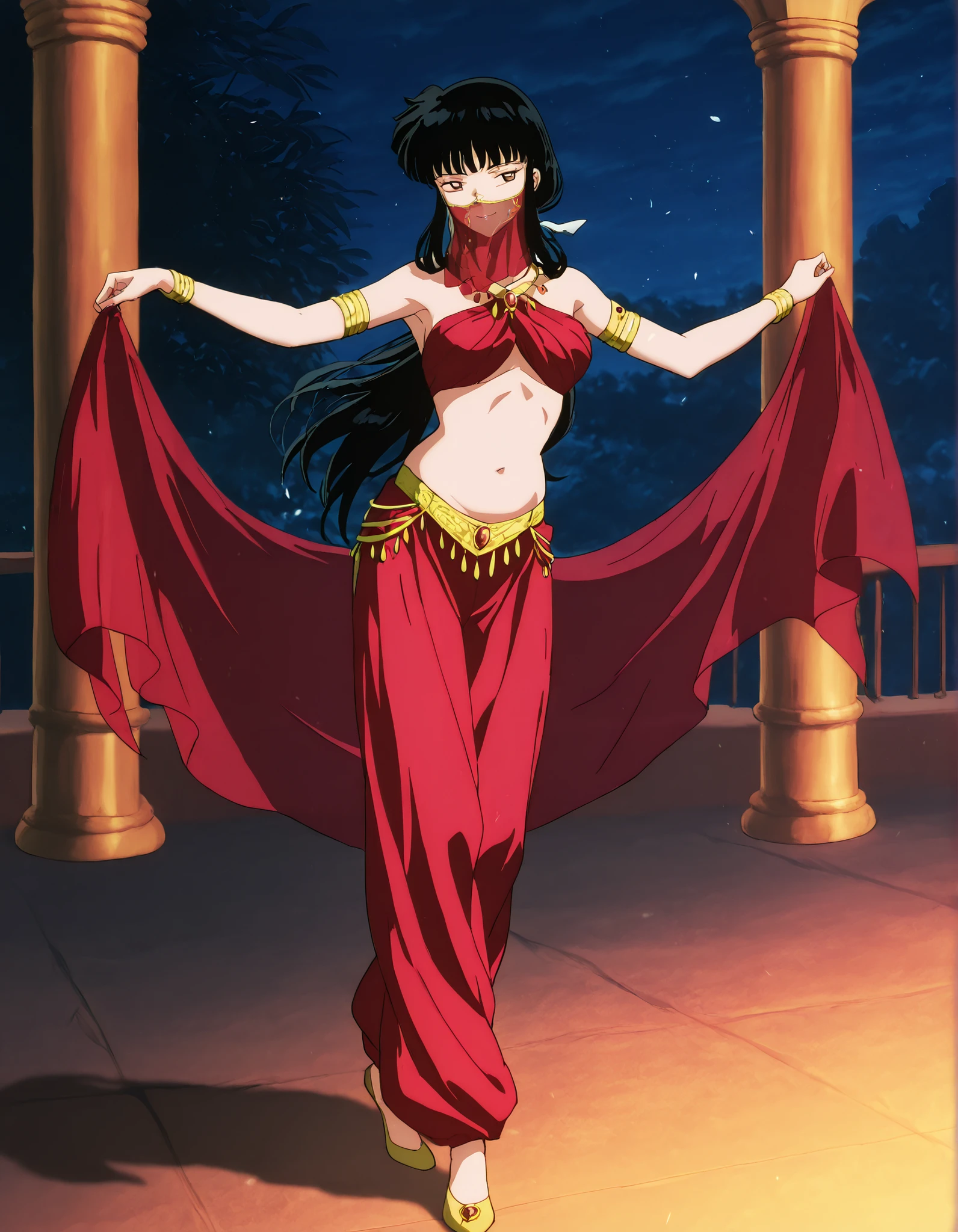 (1girl:1 . 5) , (Seul:1 . 5) , score_9 , score_8_haut , score_7_haut , source_anime , Official work , ultra-detailed , masterpiece , best quality , high resolution , beaux yeux , detailed eyes , Detailed face , beautiful detailed eyes,1girl,long hair, black hair, brown eyes, sidelocks, himecut,InuYasha,Kikyou,Arabian Clothes , Arabian Dancer Outfit ,belly dancer costume,belly dancer outfit ,full body,golden jewelery,mouth veil,armlet,belly dancing,night,arabian garden,seductive smile, dancing with veil, dynamic movement,dance posture, seductive pose