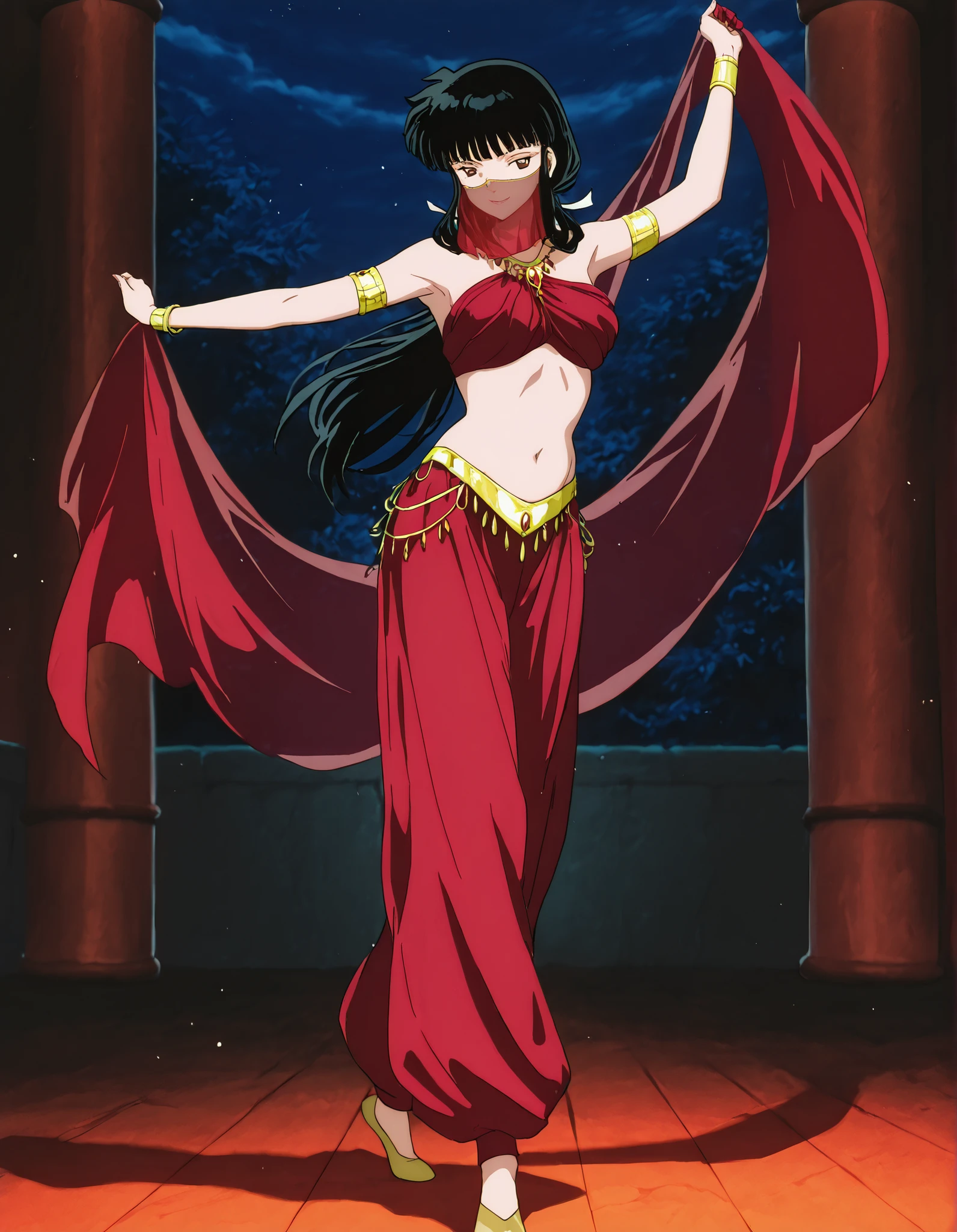 (1girl:1 . 5) , (Seul:1 . 5) , score_9 , score_8_haut , score_7_haut , source_anime , Official work , ultra-detailed , masterpiece , best quality , high resolution , beaux yeux , detailed eyes , Detailed face , beautiful detailed eyes,1girl,long hair, black hair, brown eyes, sidelocks, himecut,InuYasha,Kikyou,Arabian Clothes , Arabian Dancer Outfit ,belly dancer costume,belly dancer outfit ,full body,golden jewelery,mouth veil,armlet,belly dancing,night,arabian garden,seductive smile, dancing with veil, dynamic movement,dance posture, seductive pose