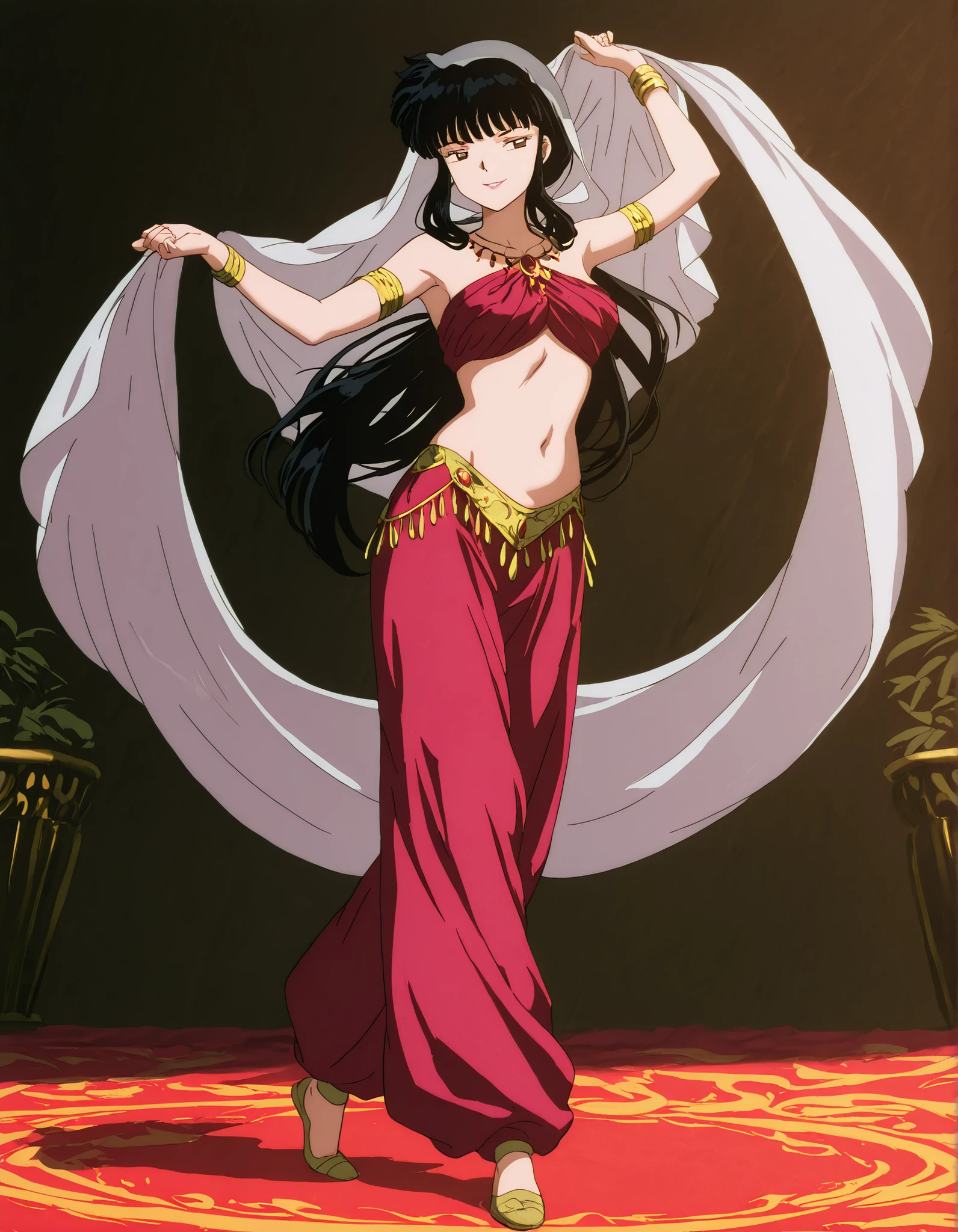 (1girl:1 . 5) , (Seul:1 . 5) , score_9 , score_8_haut , score_7_haut , source_anime , Official work , ultra-detailed , masterpiece , best quality , high resolution , beaux yeux , detailed eyes , Detailed face , beautiful detailed eyes,1girl,long hair, black hair, brown eyes, sidelocks, himecut,InuYasha,Kikyou,Arabian Clothes , Arabian Dancer Outfit ,belly dancer costume,belly dancer outfit ,full body,golden jewelery,armlet,belly dancing,arabian garden,seductive smile, dancing with veil, dynamic movement,dance posture, seductive pose