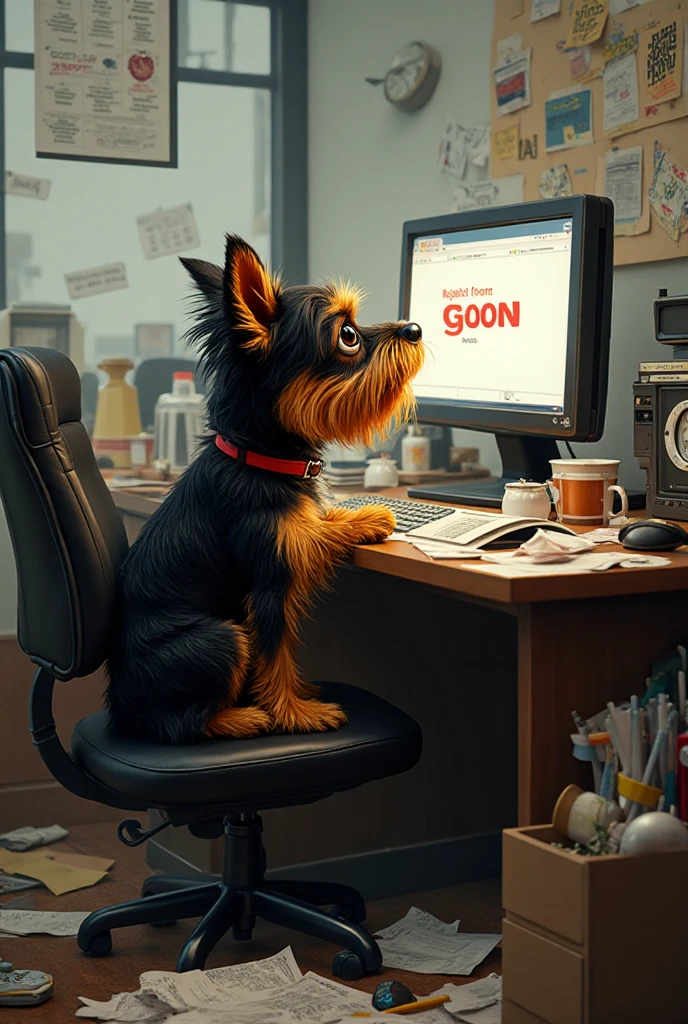 A black and yellow Yorkie in an office chair with a bunch of stuff on ...