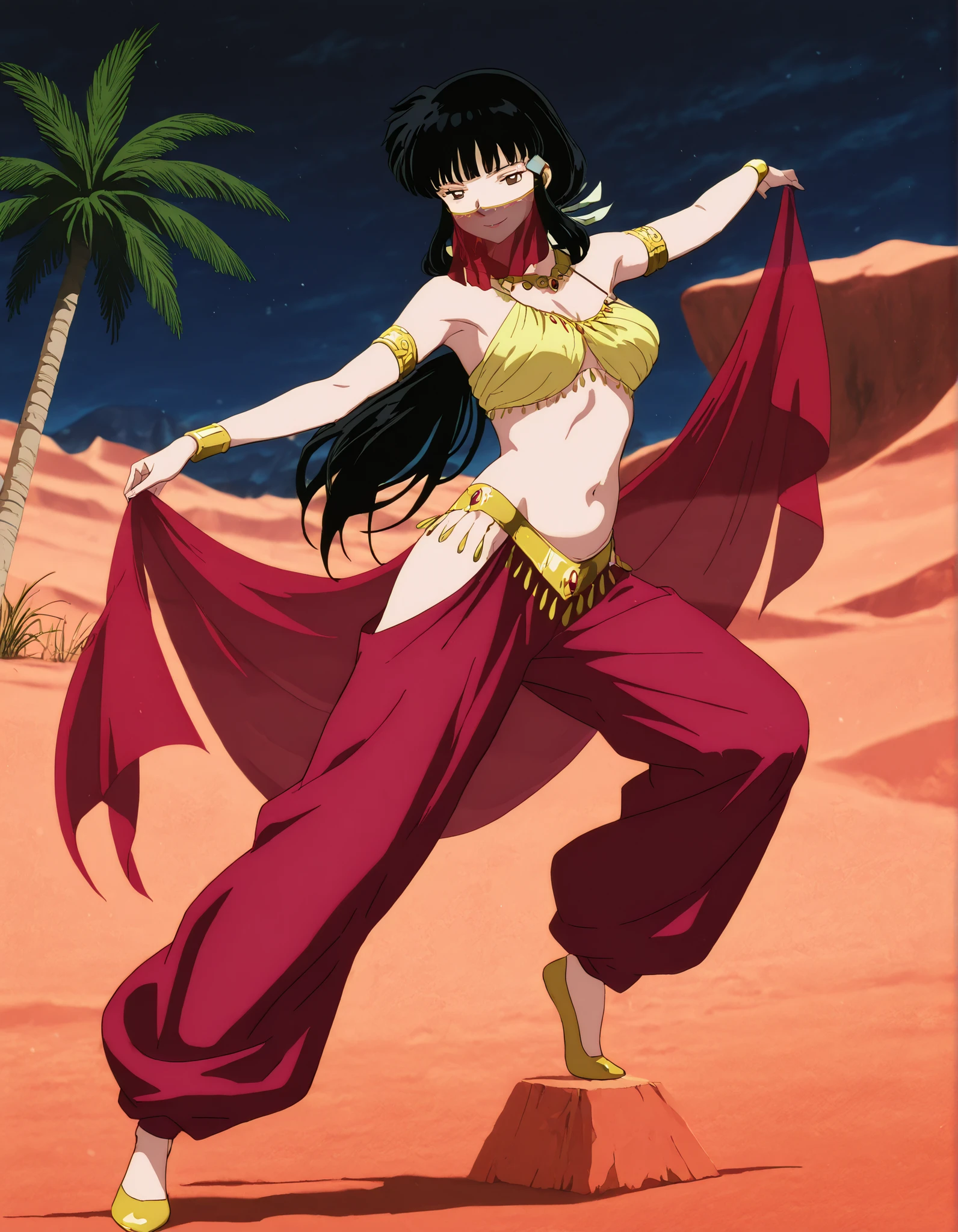 (1girl:1 . 5) , (Seul:1 . 5) , score_9 , score_8_haut , score_7_haut , source_anime , Official work , ultra-detailed , masterpiece , best quality , high resolution , beaux yeux , detailed eyes , Detailed face , beautiful detailed eyes,1girl,long hair, black hair, brown eyes, sidelocks, himecut,InuYasha,Kikyou,Arabian Clothes , Arabian Dancer Outfit ,belly dancer costume,belly dancer outfit ,full body,golden jewelery,mouth veil,armlet,belly dancing,night,desert lands,palm tree,seductive smile, dancing with veil, dynamic movement,dance posture, seductive pose