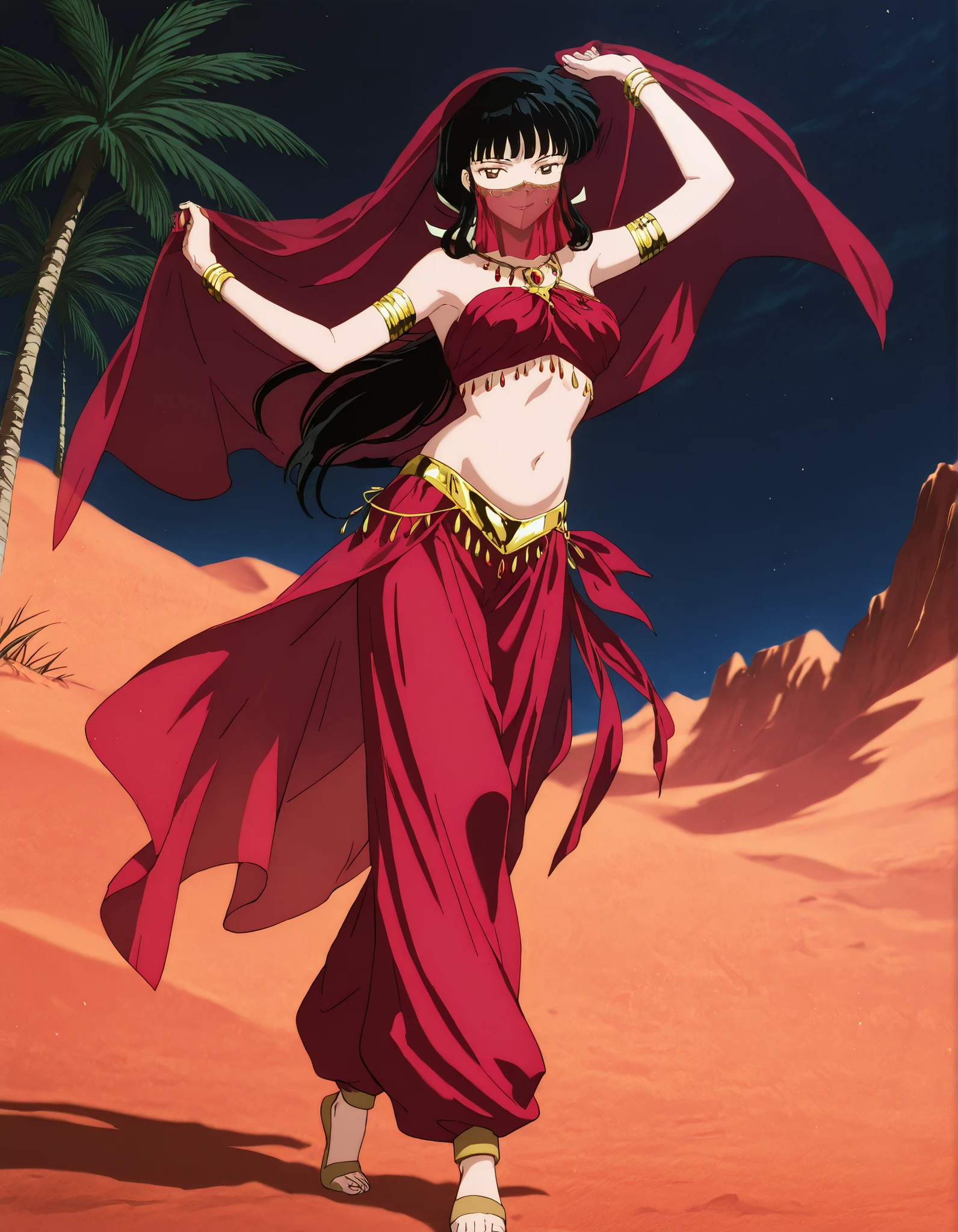 (1girl:1 . 5) , (Seul:1 . 5) , score_9 , score_8_haut , score_7_haut , source_anime , Official work , ultra-detailed , masterpiece , best quality , high resolution , beaux yeux , detailed eyes , Detailed face , beautiful detailed eyes,1girl,long hair, black hair, brown eyes, sidelocks, himecut,InuYasha,Kikyou,Arabian Clothes , Arabian Dancer Outfit ,belly dancer costume,belly dancer outfit ,full body,golden jewelery,mouth veil,armlet,belly dancing,night,desert lands,palm tree,seductive smile, dancing with veil, dynamic movement,dance posture, seductive pose