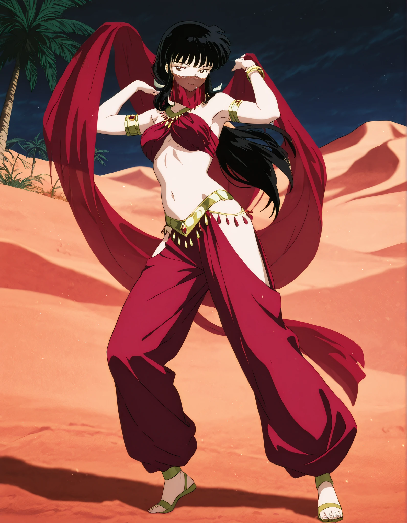 (1girl:1 . 5) , (Seul:1 . 5) , score_9 , score_8_haut , score_7_haut , source_anime , Official work , ultra-detailed , masterpiece , best quality , high resolution , beaux yeux , detailed eyes , Detailed face , beautiful detailed eyes,1girl,long hair, black hair, brown eyes, sidelocks, himecut,InuYasha,Kikyou,Arabian Clothes , Arabian Dancer Outfit ,belly dancer costume,belly dancer outfit ,full body,golden jewelery,mouth veil,armlet,belly dancing,night,desert lands,palm tree,seductive smile, dancing with veil, dynamic movement,dance posture, seductive pose