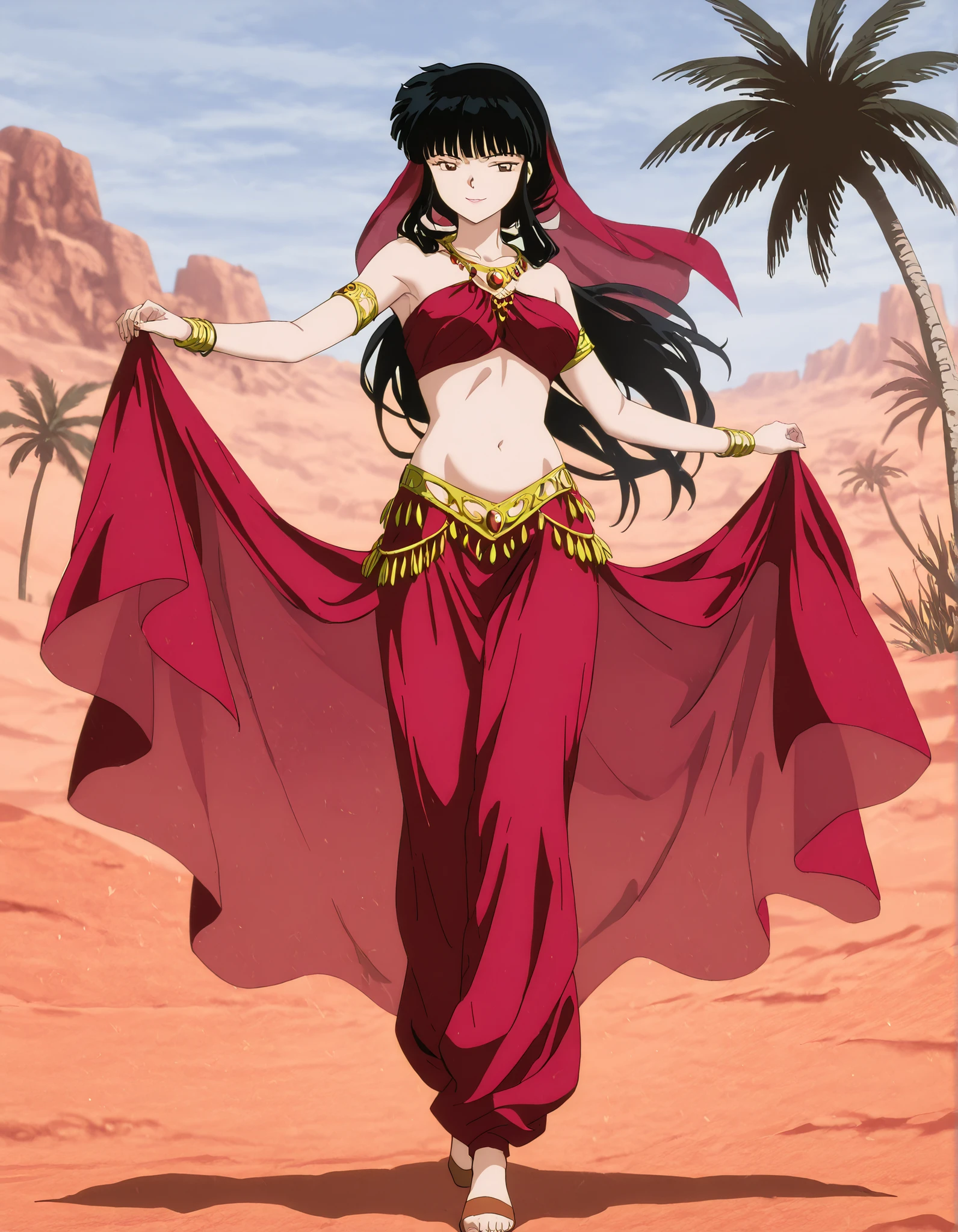 (1girl:1 . 5) , (Seul:1 . 5) , score_9 , score_8_haut , score_7_haut , source_anime , Official work , ultra-detailed , masterpiece , best quality , high resolution , beaux yeux , detailed eyes , Detailed face , beautiful detailed eyes,1girl,long hair, black hair, brown eyes, sidelocks, himecut,InuYasha,Kikyou,Arabian Clothes , Arabian Dancer Outfit ,belly dancer costume,belly dancer outfit ,full body,golden jewelery,armlet,belly dancing,desert lands,palm tree,seductive smile, dancing with veil, dynamic movement,dance posture, seductive pose