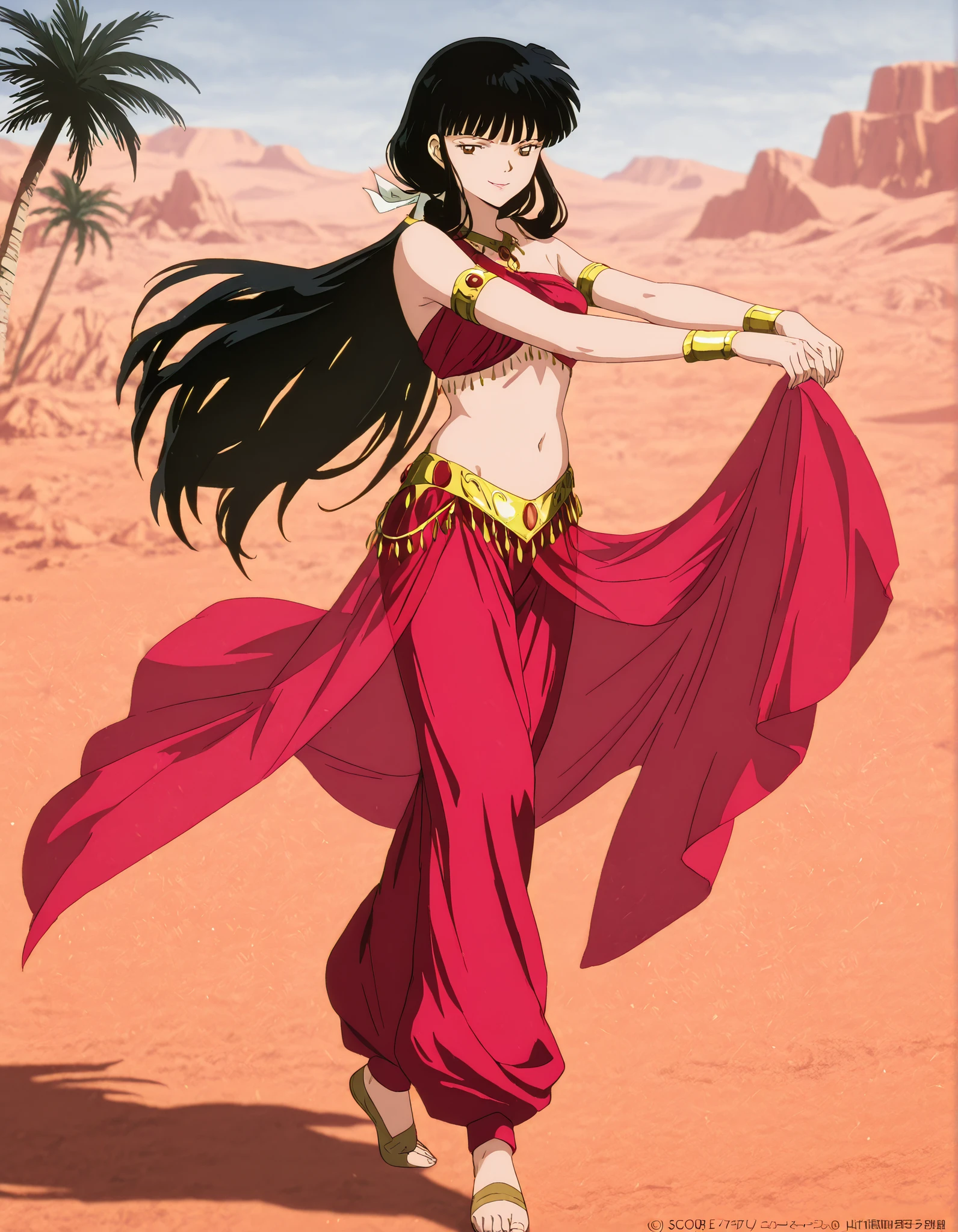 (1girl:1 . 5) , (Seul:1 . 5) , score_9 , score_8_haut , score_7_haut , source_anime , Official work , ultra-detailed , masterpiece , best quality , high resolution , beaux yeux , detailed eyes , Detailed face , beautiful detailed eyes,1girl,long hair, black hair, brown eyes, sidelocks, himecut,InuYasha,Kikyou,Arabian Clothes , Arabian Dancer Outfit ,belly dancer costume,belly dancer outfit ,full body,golden jewelery,armlet,belly dancing,desert lands,palm tree,seductive smile, dancing with veil, dynamic movement,dance posture, seductive pose