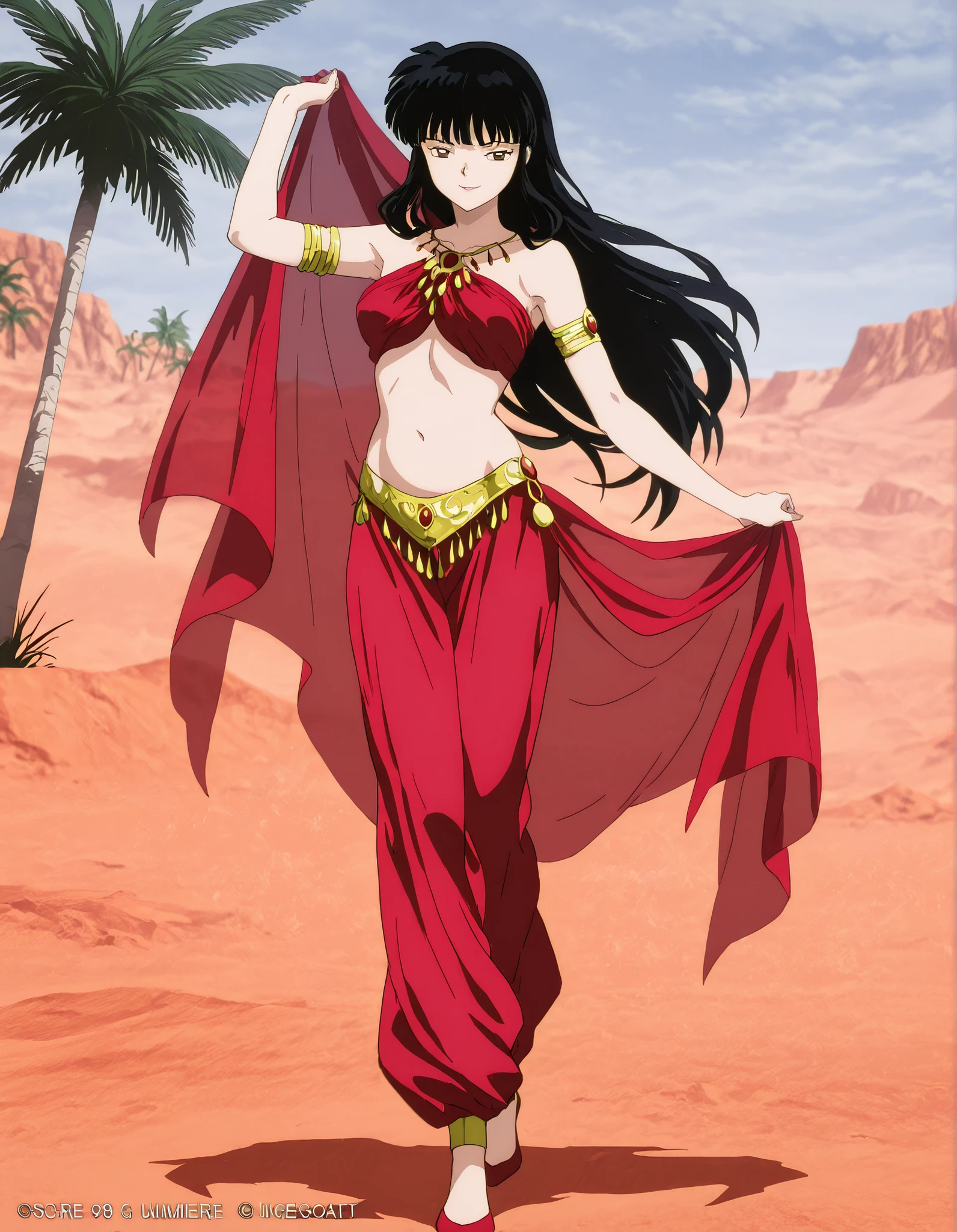 (1girl:1 . 5) , (Seul:1 . 5) , score_9 , score_8_haut , score_7_haut , source_anime , Official work , ultra-detailed , masterpiece , best quality , high resolution , beaux yeux , detailed eyes , Detailed face , beautiful detailed eyes,1girl,long hair, black hair, brown eyes, sidelocks, himecut,InuYasha,Kikyou,Arabian Clothes , Arabian Dancer Outfit ,belly dancer costume,belly dancer outfit ,full body,golden jewelery,armlet,belly dancing,desert lands,palm tree,seductive smile, dancing with veil, dynamic movement,dance posture, seductive pose