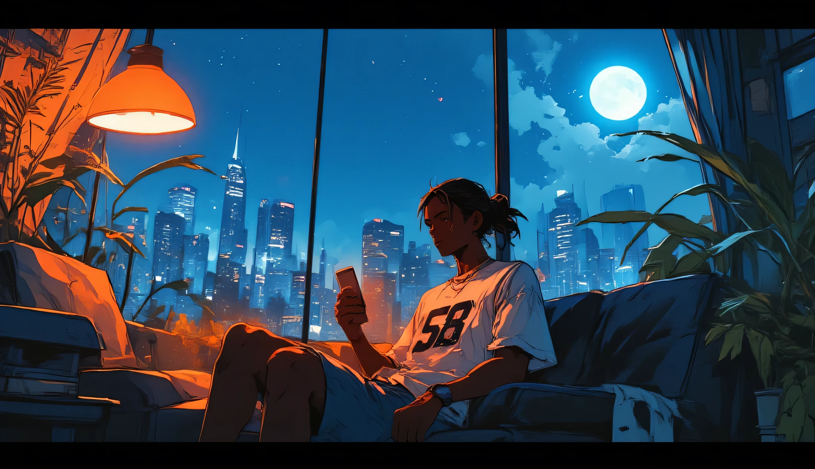 A young Black woman with dreadlocks tied up, sitting relaxed on a modern couch in a luxury high-rise apartment at night, looking down at his phone with a contemplative expression, warm orange lamp light on the left casting dramatic shadows, cool blue city skyline with skyscrapers and full moon through large floor-to-ceiling windows behind him, palm plants in the background, wearing a loose white luxury T-shirt with "58" text, gold chain necklace, luxury watch, blue shorts, detailed skin texture, cinematic lighting, moody atmosphere, vaporwave aesthetic, highly detailed, lofi hip hop, lofi artstyle, lofi art, lofi portrait, lo-fi illustration style, chillhop, lofi vibes, inspired by Liam Wong, hip hop aesthetic, lo-fi art, lofi vibe, lofi feel, lofi, lo fi, lofi aesthetic4K, --ar 16:9 --v 6 --style raw