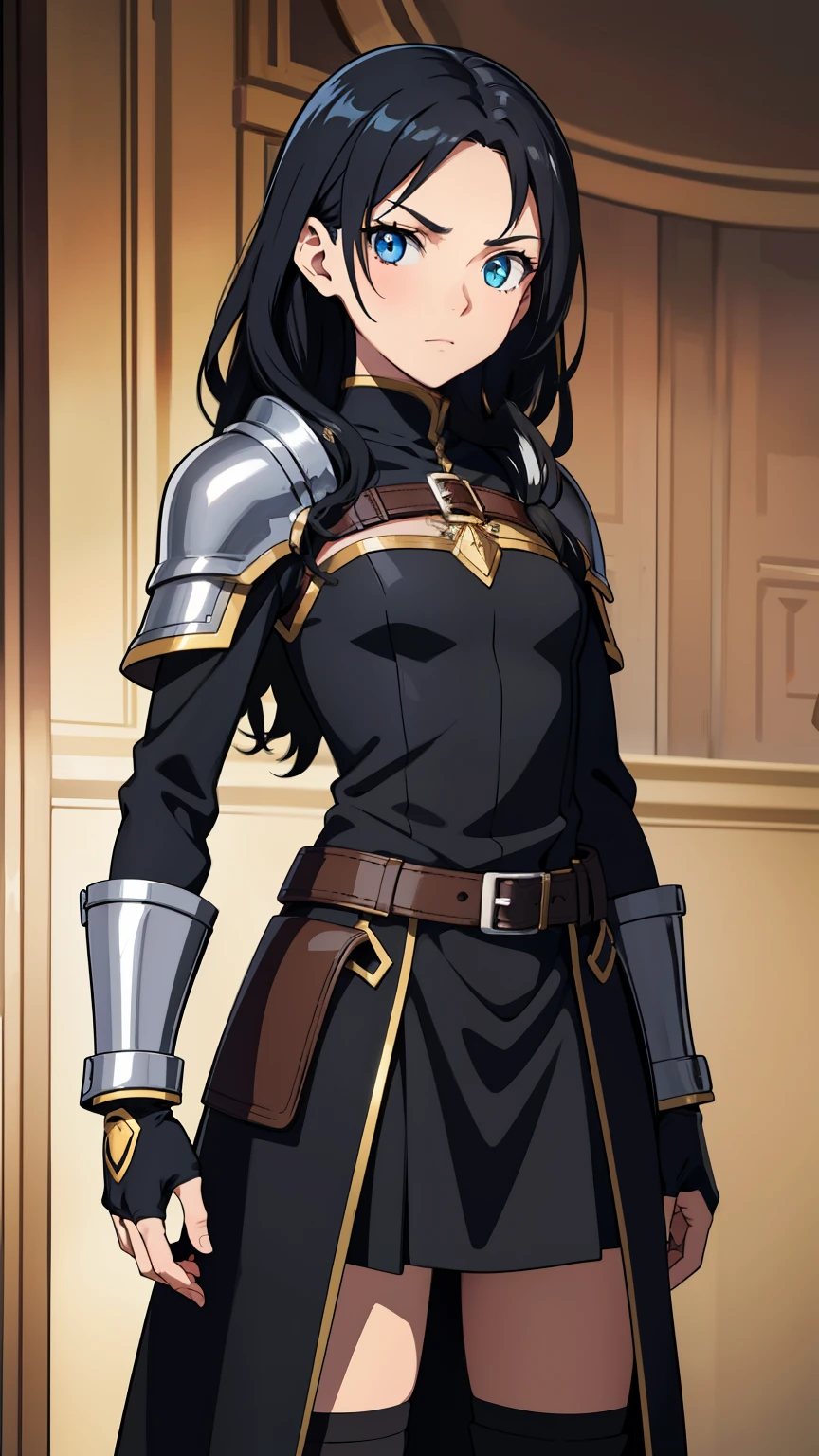 (high quality, breathtaking),( expressive eyes , perfect face ) full height, 1 girl, female, One, adult, Age 20, black hair, blue eye color, long hair length, looking at the viewer , whole body, calm facial expression , fantasy clothes , height 4 "3, fantasy adventurer outfit, red attracts , thief profession , short stature, black jacket, black short-sleeved shirt , long-sleeved mittens , black skirt, silver finish , fantasy armor, shoulder pads, leather armor, light tanned skin , small breast , curly hair