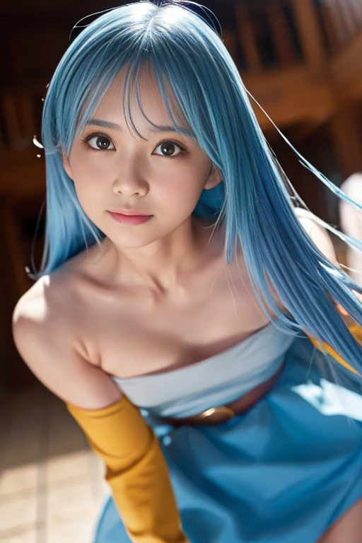 She is a beautiful water spirit, the spirit hair is flowing and  blue, it looks like a waterfall, the eye color is aquamarine, reflecting the depth of the sea. It is surrounded by a gentle mist and has a fantastic and enchanting appearance. Water Spirit's skin is glowing and glowing with a soft blue hue, Water Spirit gentle and , photorealistic, masterpiece, highest quality, super detailed, HDR, 8K