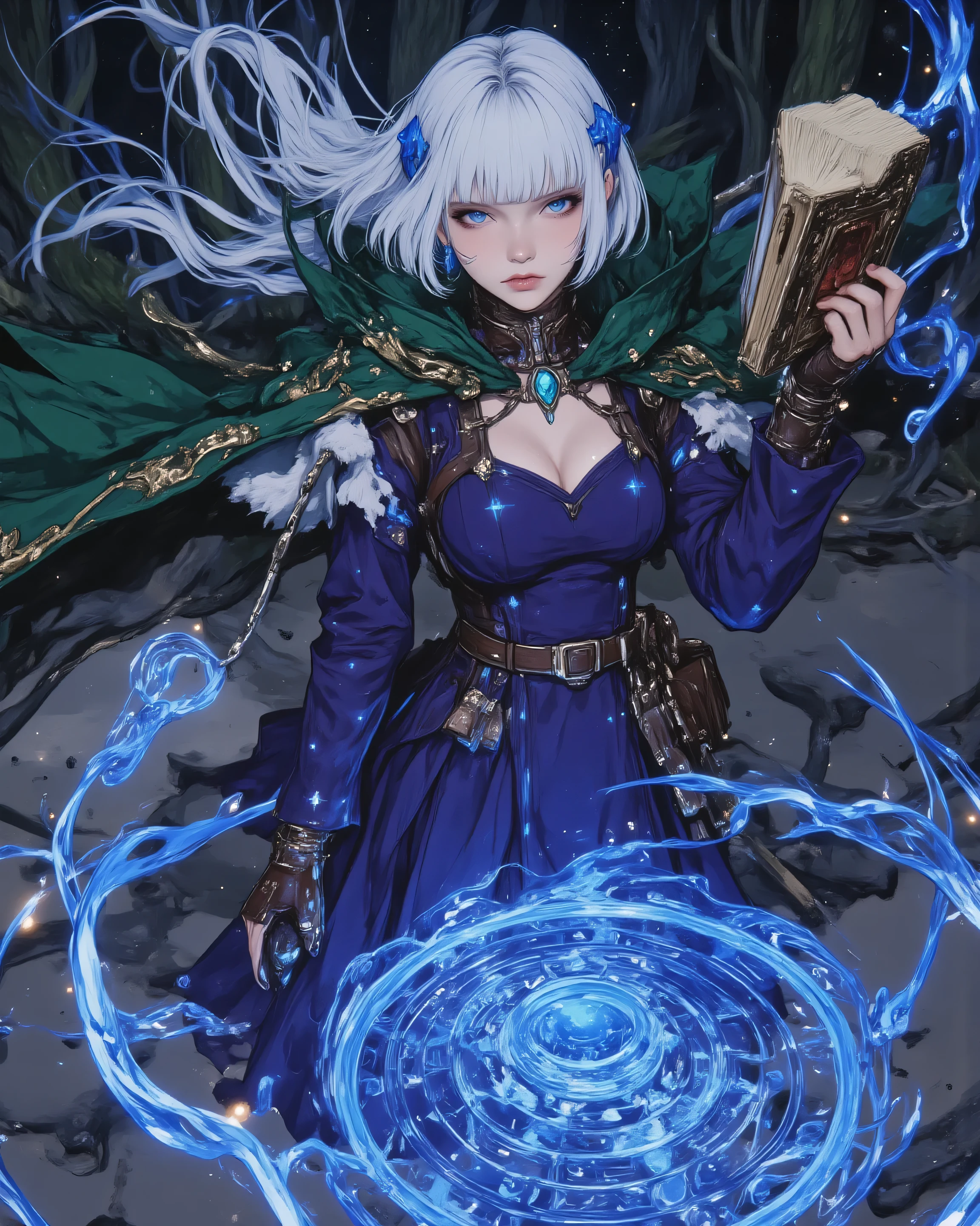 (masterpiece, best quality, highly detailed), 1girl, solo, Meteoros from Re:Creators, white short bob hair with blue droplet-shaped hairpins flowing dynamically in wind, sharp blue eyes glowing with magical energy, pale skin, beautiful calm and focused expression with subtle determination, close-up on face for clear visibility, intricate fantasy mage outfit: deep purple long dress with blue cross patterns and white fur trim at hem fluttering in magical wind, layered green hooded cloak with gold embroidery and emerald gem necklace, brown leather belt with book pouch, brown gloves and boots, dynamic chanting pose: right hand raised casting spell with fingers tracing runes in air, left hand holding open ancient grimoire emitting blue light, large intricate blue magical circle expanding on ground beneath her with glowing runes and geometric patterns, sparks of blue magic particles swirling around body, hair and cloak billowing dramatically, detailed fabric textures with dynamic folds and shadows, subtle magical aura with ethereal glow, background: mystical forest at twilight with floating orbs and starry sky, soft volumetric god rays from spell light, cinematic dynamic composition with motion blur on edges, intricate details on facial features, jewelry, book pages, and magic runes, high resolution, sharp focus on face