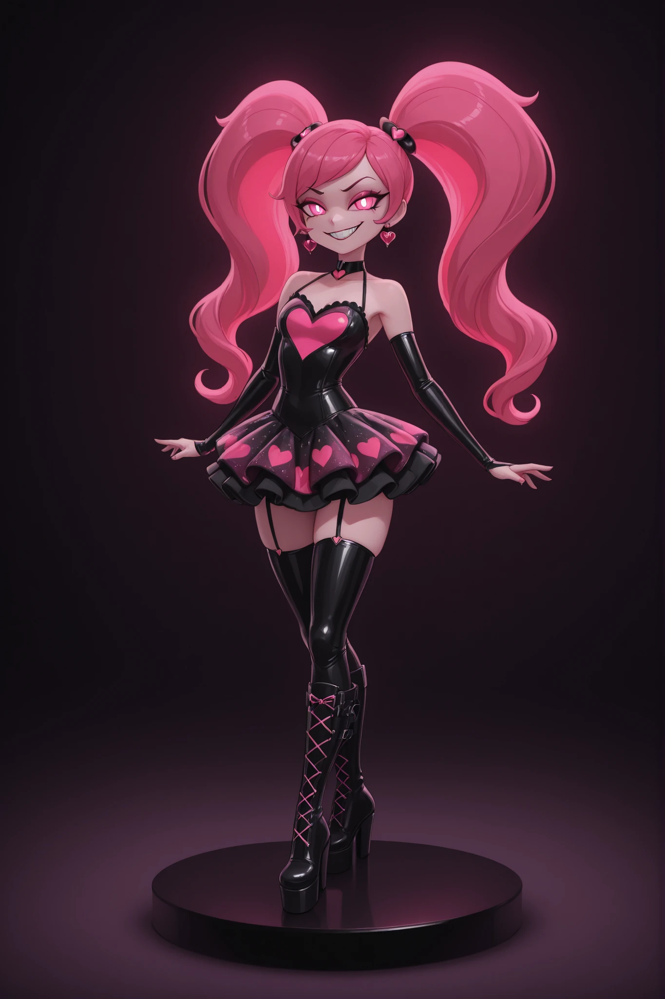 photography, ultra highres, RAW photo, razor-thin angular girl with extreme flexibility in unusual pose, poisonous pink and black color palette creating visual tension, porcelain doll face with perfectly symmetrical features twisted into subtle condescending smile, oversized glowing red-pink eyes with unnatural brightness, straight neon pink hair reaching waist with sections defying gravity as if electrostatically charged, prominent heart motifs decorating her outfit and jewelry, mini dress balancing kawaii elements with aggressive fashion-forward design, elaborate sequined patterns catching studio lights, massive platform boots creating intimidating silhouette, luxurious velvet accents suggesting expensive taste, staged against dark background with pink neon lighting accentuating her otherworldly appearance, fashion photography style with sharp focus on unsettling details