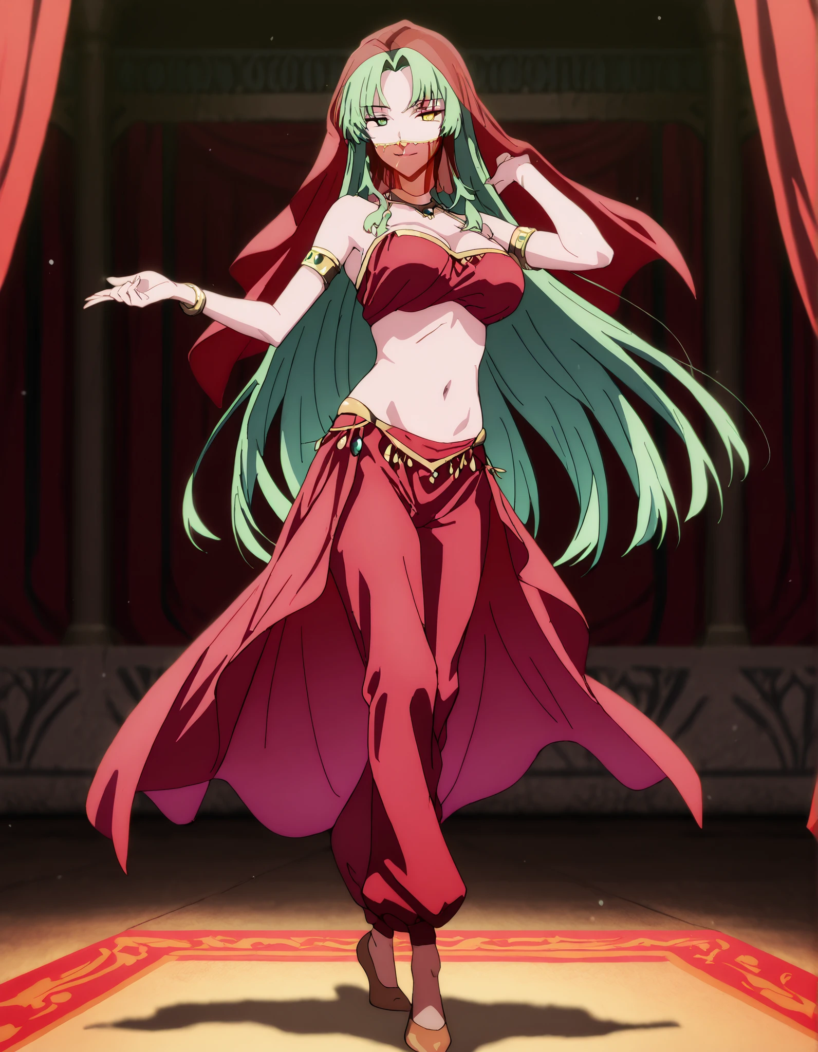 (1girl:1 . 5) , (Seul:1 . 5) , score_9 , score_8_haut , score_7_haut , source_anime , Official work , ultra-detailed , masterpiece , best quality , high resolution , beaux yeux , detailed eyes , Detailed face , beautiful detailed eyes,1girl,green hair, very long hair, heterochromia, green eyes, yellow eyes,Our Last Crusade,Elletear Lou Nebulis,Arabian Clothes , Arabian Dancer Outfit ,belly dancer costume,belly dancer outfit ,full body,golden jewelery,mouth veil,armlet,belly dancing,arabian theater,seductive smile, dancing with veil, dynamic movement,dance posture, pose