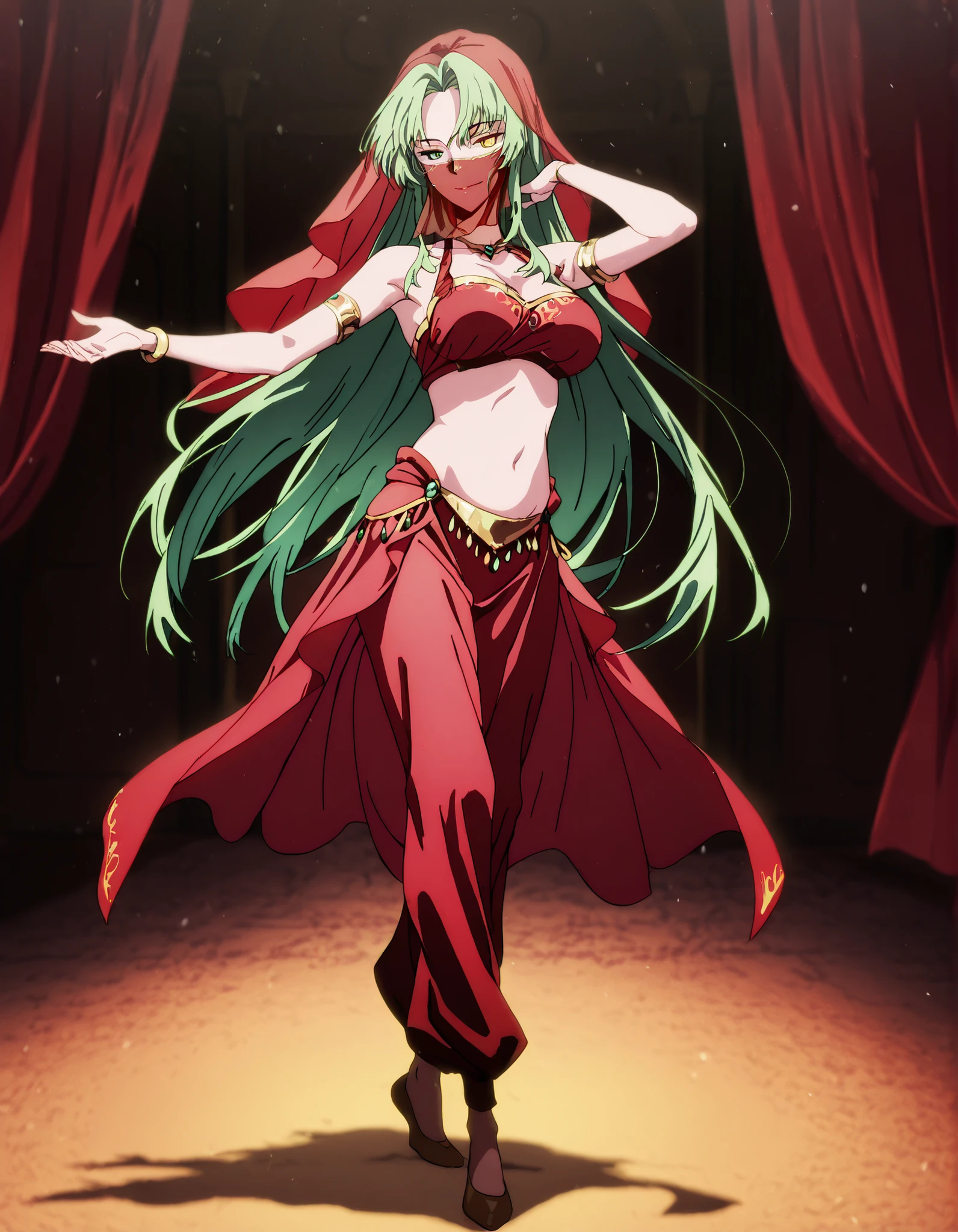 (1girl:1 . 5) , (Seul:1 . 5) , score_9 , score_8_haut , score_7_haut , source_anime , Official work , ultra-detailed , masterpiece , best quality , high resolution , beaux yeux , detailed eyes , Detailed face , beautiful detailed eyes,1girl,green hair, very long hair, heterochromia, green eyes, yellow eyes,Our Last Crusade,Elletear Lou Nebulis,Arabian Clothes , Arabian Dancer Outfit ,belly dancer costume,belly dancer outfit ,full body,golden jewelery,mouth veil,armlet,belly dancing,arabian theater,seductive smile, dancing with veil, dynamic movement,dance posture, pose