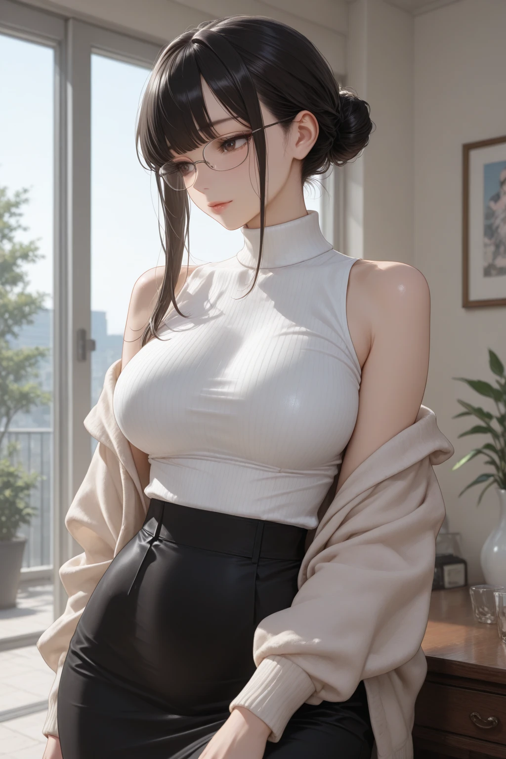 (Best Quality,High resolution:1.2), Ultra-detailed, Realistic portrait, hot Russian girl, pretty face, perfect long legs, full body, tiny waist. large breasts, standing,  cropped jumper, black high waist leggings, pink and white snow boots, in the snow, large blue eyes, long black hair tied up with a ribbon, pigtails, tight high waist , woolen socks, hair bangs, snowing, foggy, (large round black rimmed glasses), cat ears