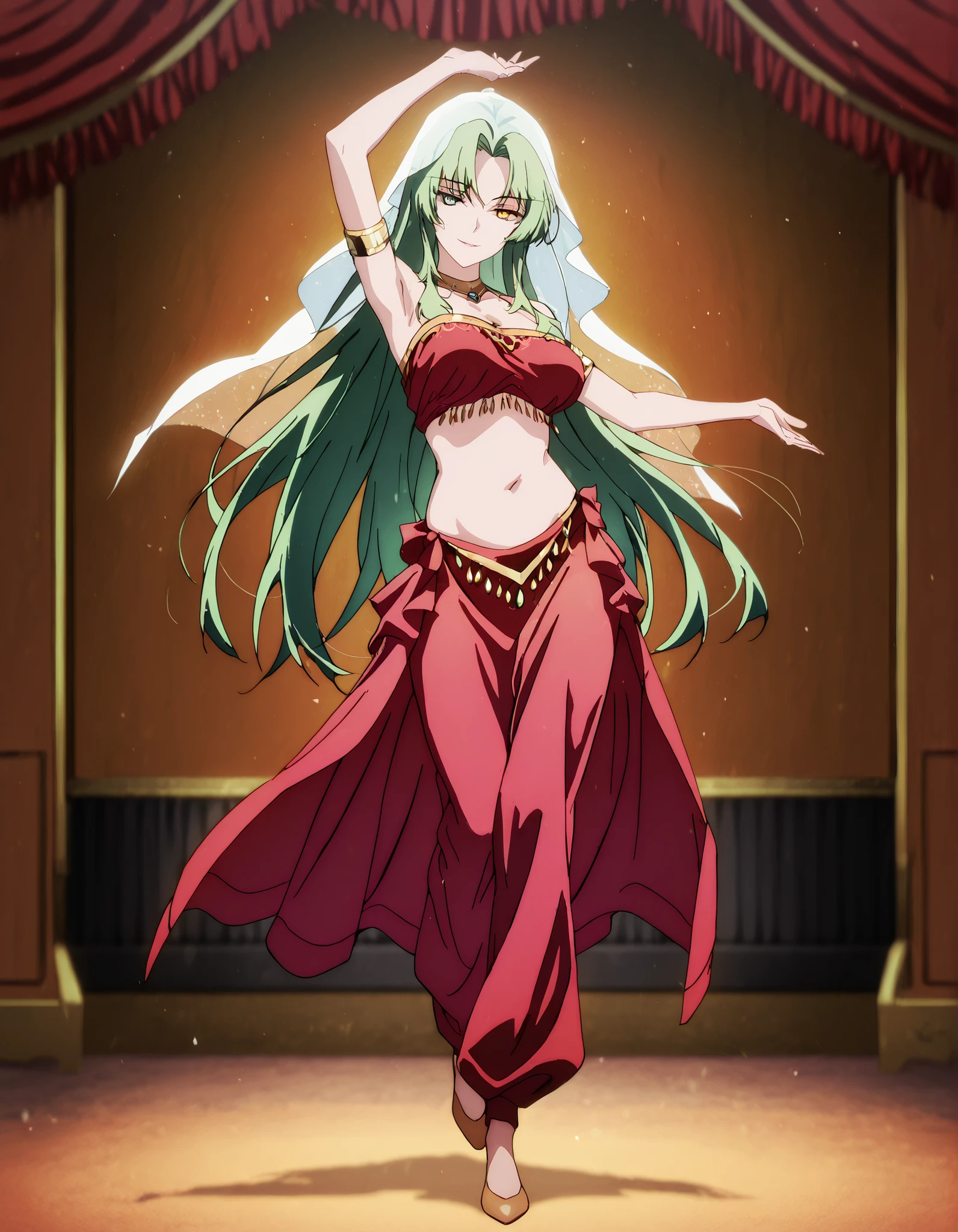 (1girl:1 . 5) , (Seul:1 . 5) , score_9 , score_8_haut , score_7_haut , source_anime , Official work  , ultra-detailed , masterpiece , best quality , high resolution , beaux yeux , detailed eyes , Detailed face , beautiful detailed eyes,1girl,green hair, very long hair, heterochromia, green eyes, yellow eyes,Our Last Crusade,Elletear Lou Nebulis,Arabian Clothes , Arabian Dancer Outfit ,belly dancer costume,belly dancer outfit ,full body,golden jewelery,armlet,belly dancing,arabian theater,seductive smile, dancing with veil, dynamic movement,dance posture,  pose