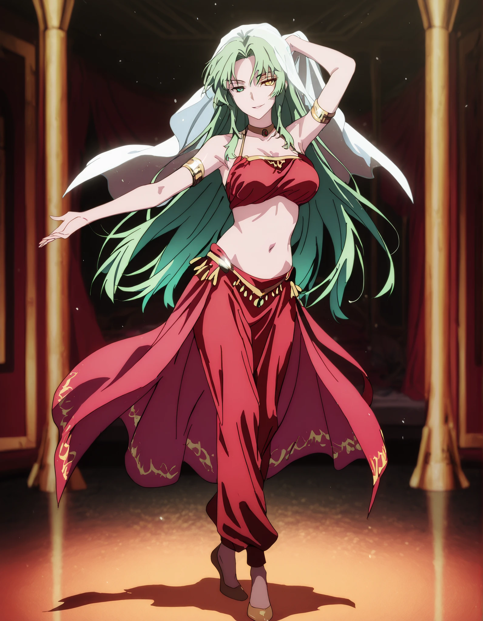 (1girl:1 . 5) , (Seul:1 . 5) , score_9 , score_8_haut , score_7_haut , source_anime , Official work , ultra-detailed , masterpiece , best quality , high resolution , beaux yeux , detailed eyes , Detailed face , beautiful detailed eyes,1girl,green hair, very long hair, heterochromia, green eyes, yellow eyes,Our Last Crusade,Elletear Lou Nebulis,Arabian Clothes , Arabian Dancer Outfit ,belly dancer costume,belly dancer outfit ,full body,golden jewelery,armlet,belly dancing,arabian theater,seductive smile, dancing with veil, dynamic movement,dance posture, pose