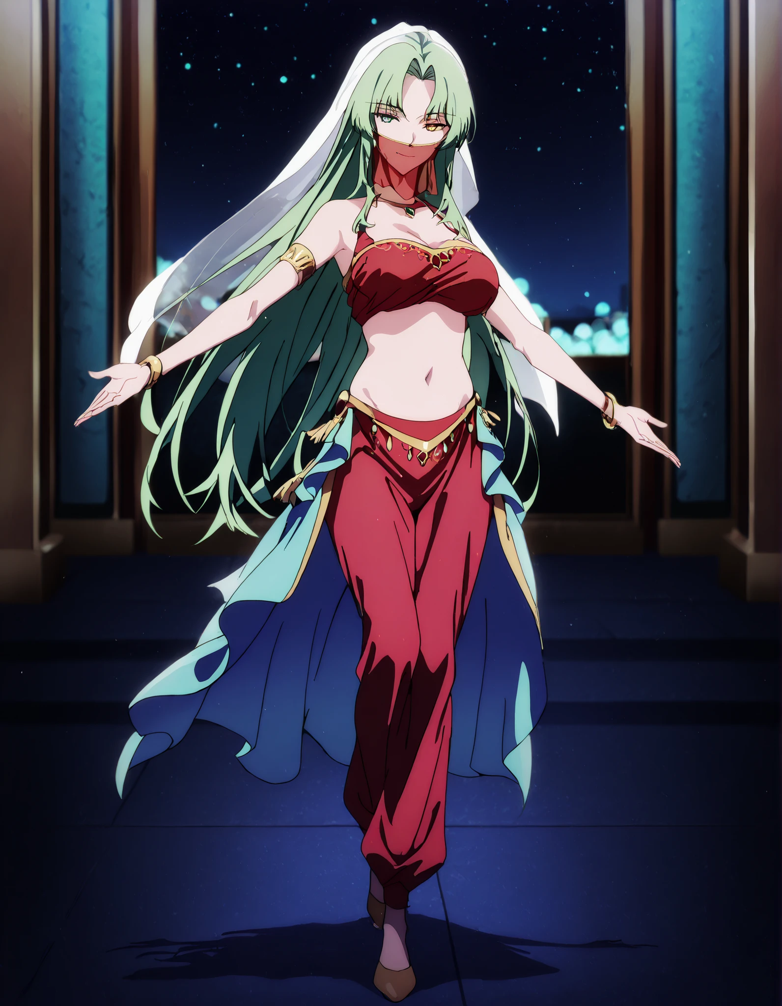 (1girl:1 . 5) , (Seul:1 . 5) , score_9 , score_8_haut , score_7_haut , source_anime , Official work , ultra-detailed , masterpiece , best quality , high resolution , beaux yeux , detailed eyes , Detailed face , beautiful detailed eyes,1girl,green hair, very long hair, heterochromia, green eyes, yellow eyes,Our Last Crusade,Elletear Lou Nebulis,Arabian Clothes , Arabian Dancer Outfit ,belly dancer costume,belly dancer outfit ,full body,golden jewelery,mouth veil,armlet,belly dancing,night,arabian garden,seductive smile, dancing with veil, dynamic movement,dance posture, pose