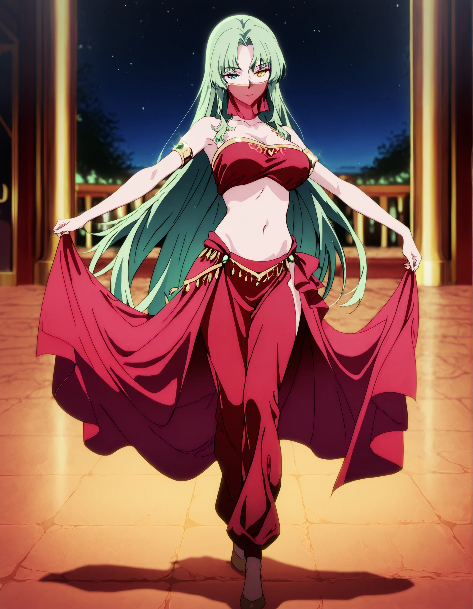 (1girl:1 . 5) , (Seul:1 . 5) , score_9 , score_8_haut , score_7_haut , source_anime , Official work , ultra-detailed , masterpiece , best quality , high resolution , beaux yeux , detailed eyes , Detailed face , beautiful detailed eyes,1girl,green hair, very long hair, heterochromia, green eyes, yellow eyes,Our Last Crusade,Elletear Lou Nebulis,Arabian Clothes , Arabian Dancer Outfit ,belly dancer costume,belly dancer outfit ,full body,golden jewelery,mouth veil,armlet,belly dancing,night,arabian garden,seductive smile, dancing with veil, dynamic movement,dance posture, pose