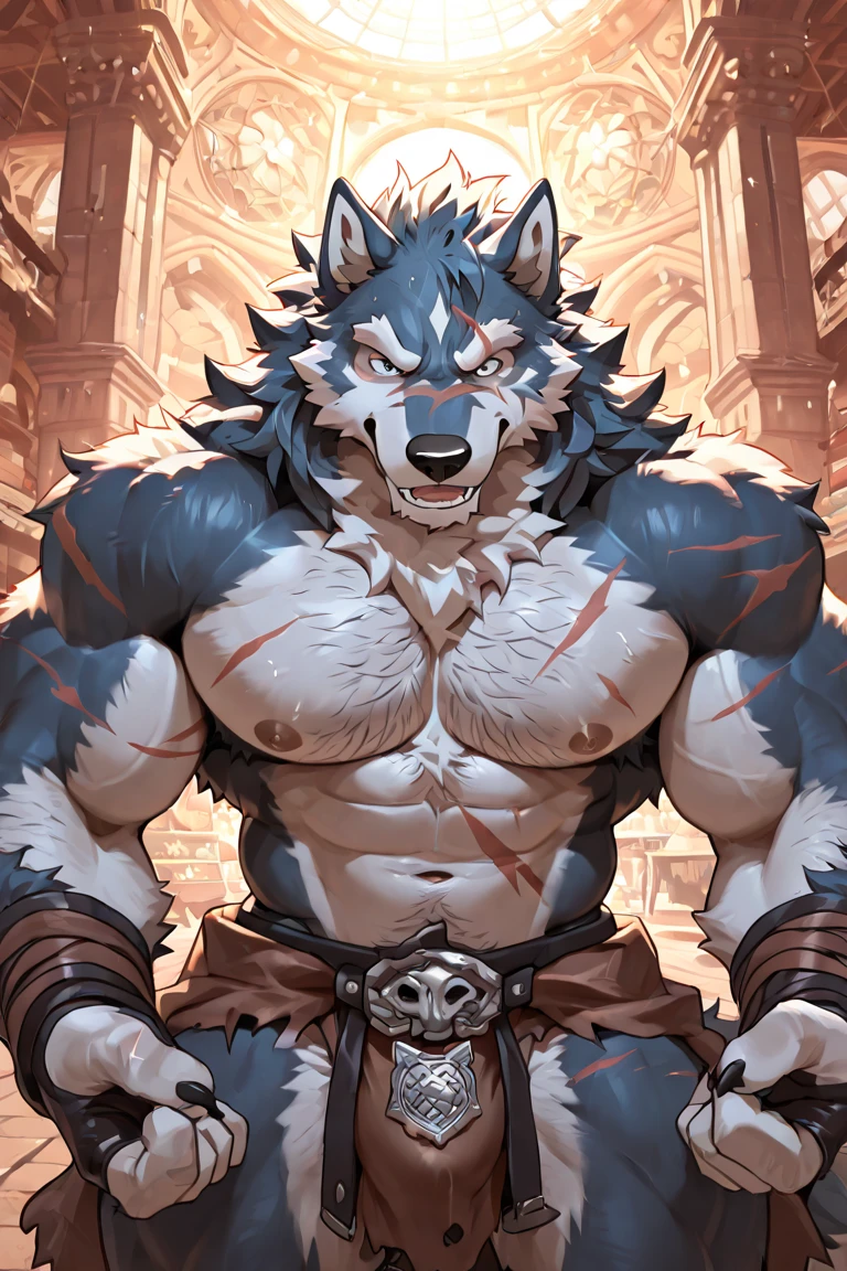 sweaty muscular topless rainy village hairy anthropomorphic chest hair serious face（Scar on face） Mature （Blue eyes）Huge muscular ripped abs wild，Gray fur werewolf of tribal ambition