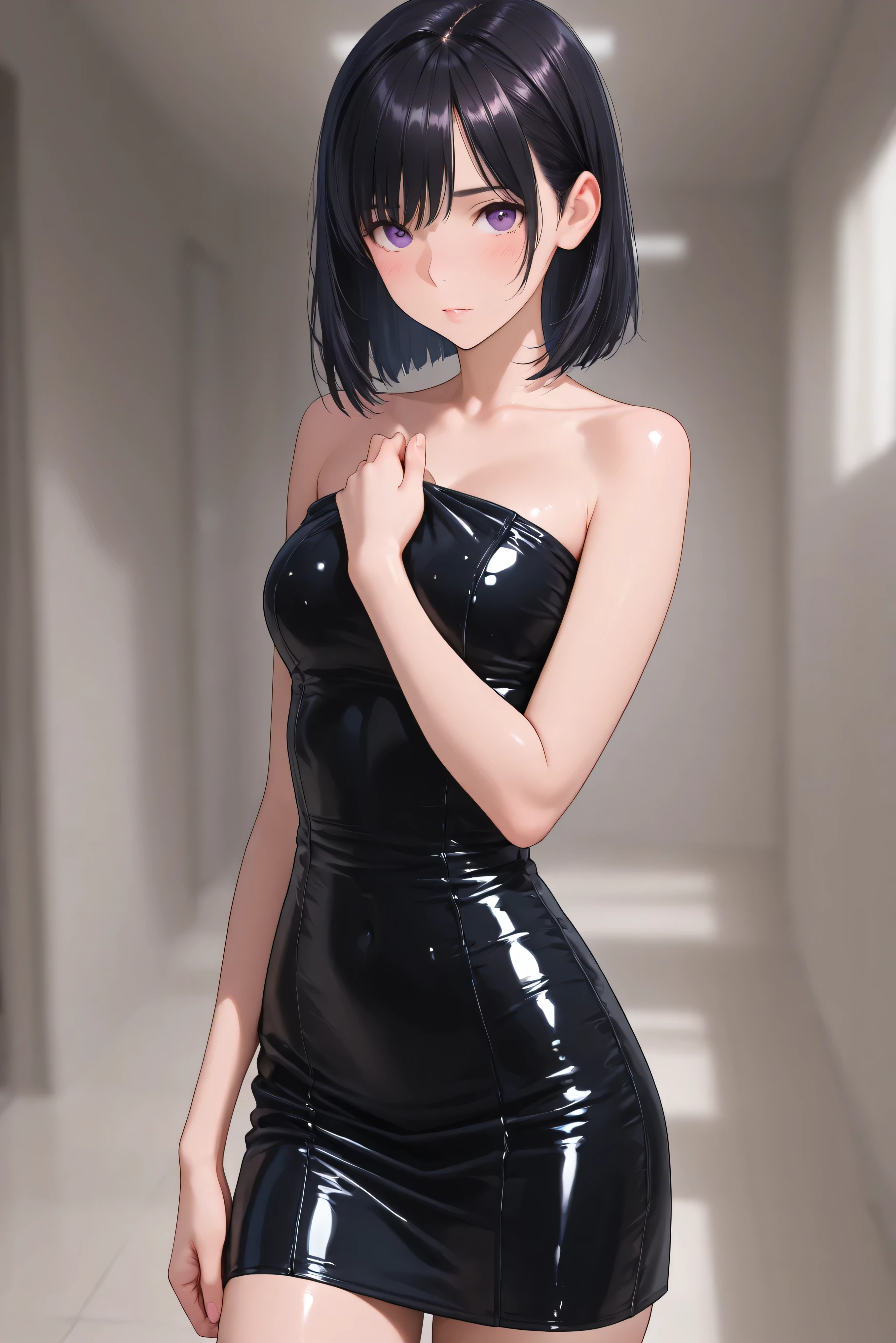 Masterpiece, Highest quality,
1girl, Alone,

black latex tube dress, short dress, strapless dress. 
( Masterpiece, the best quality, high resolution, ultra high resolution, perfect pixel, depth of field, 4k, RTTX10.0),
、Violet pair. , Love plus、long shiny black hair, beautiful purple eyes , smiley face, , very detailed face,, (Masterpiece:1.2, the best quality), ((Alone,just a girl)), ((takes a cowboy))