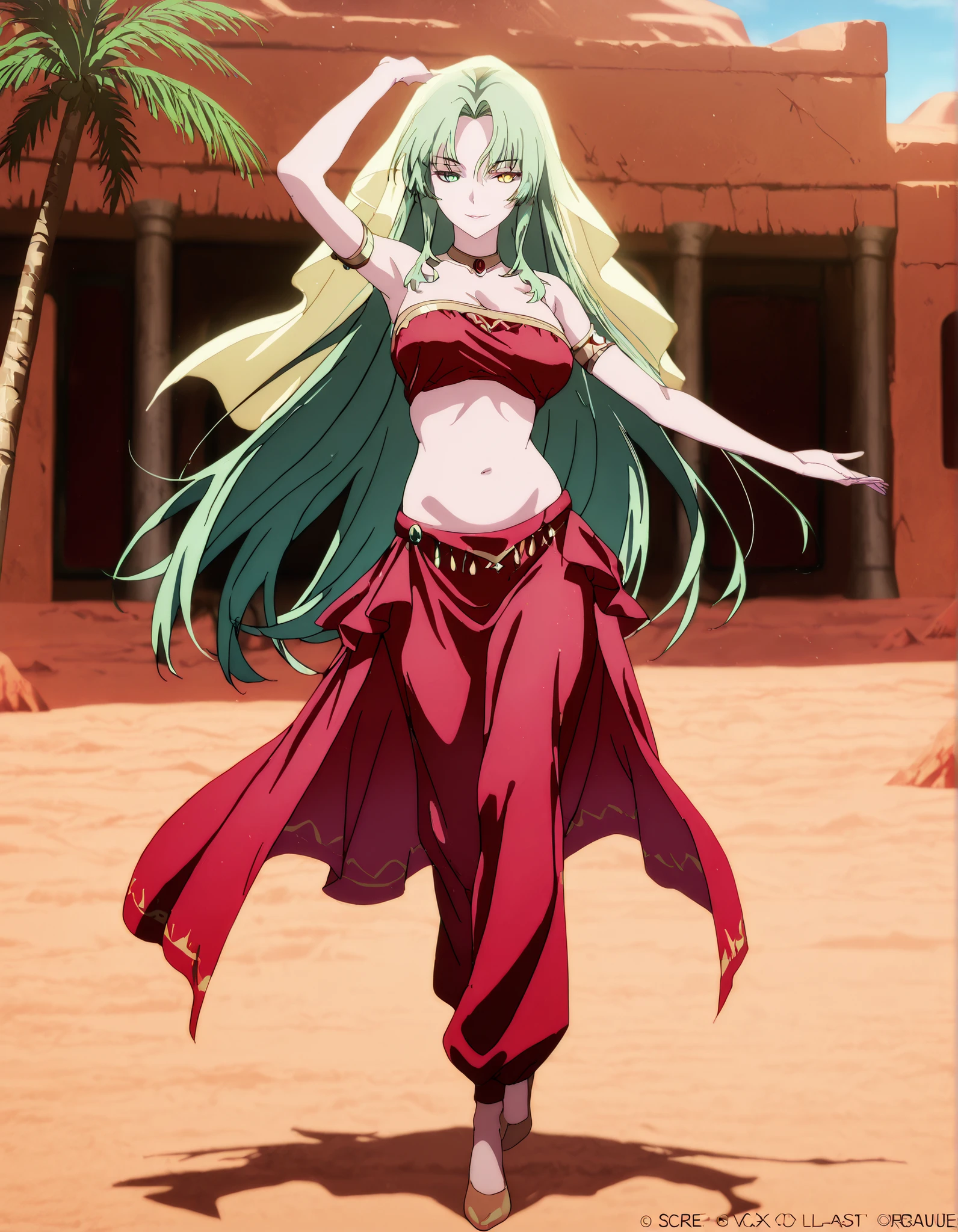 (1girl:1 . 5) , (Seul:1 . 5) , score_9 , score_8_haut , score_7_haut , source_anime , Official work , ultra-detailed , masterpiece , best quality , high resolution , beaux yeux , detailed eyes , Detailed face , beautiful detailed eyes,1girl,green hair, very long hair, heterochromia, green eyes, yellow eyes,Our Last Crusade,Elletear Lou Nebulis,Arabian Clothes , Arabian Dancer Outfit ,belly dancer costume,belly dancer outfit ,full body,golden jewelery,armlet,belly dancing,desert lands,palm tree,seductive smile, dancing with veil, dynamic movement,dance posture, pose