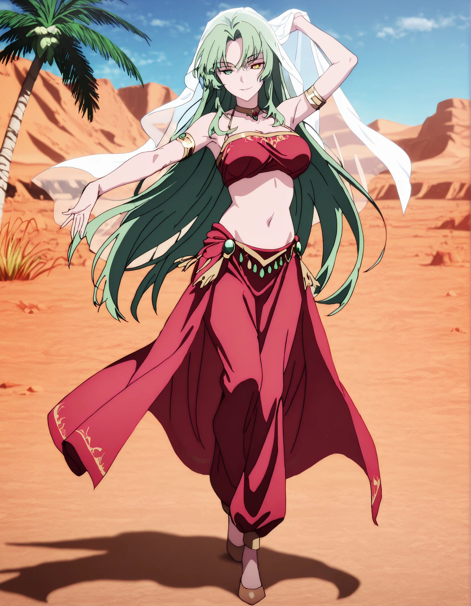 (1girl:1 . 5) , (Seul:1 . 5) , score_9 , score_8_haut , score_7_haut , source_anime , Official work , ultra-detailed , masterpiece , best quality , high resolution , beaux yeux , detailed eyes , Detailed face , beautiful detailed eyes,1girl,green hair, very long hair, heterochromia, green eyes, yellow eyes,Our Last Crusade,Elletear Lou Nebulis,Arabian Clothes , Arabian Dancer Outfit ,belly dancer costume,belly dancer outfit ,full body,golden jewelery,armlet,belly dancing,desert lands,palm tree,seductive smile, dancing with veil, dynamic movement,dance posture, pose