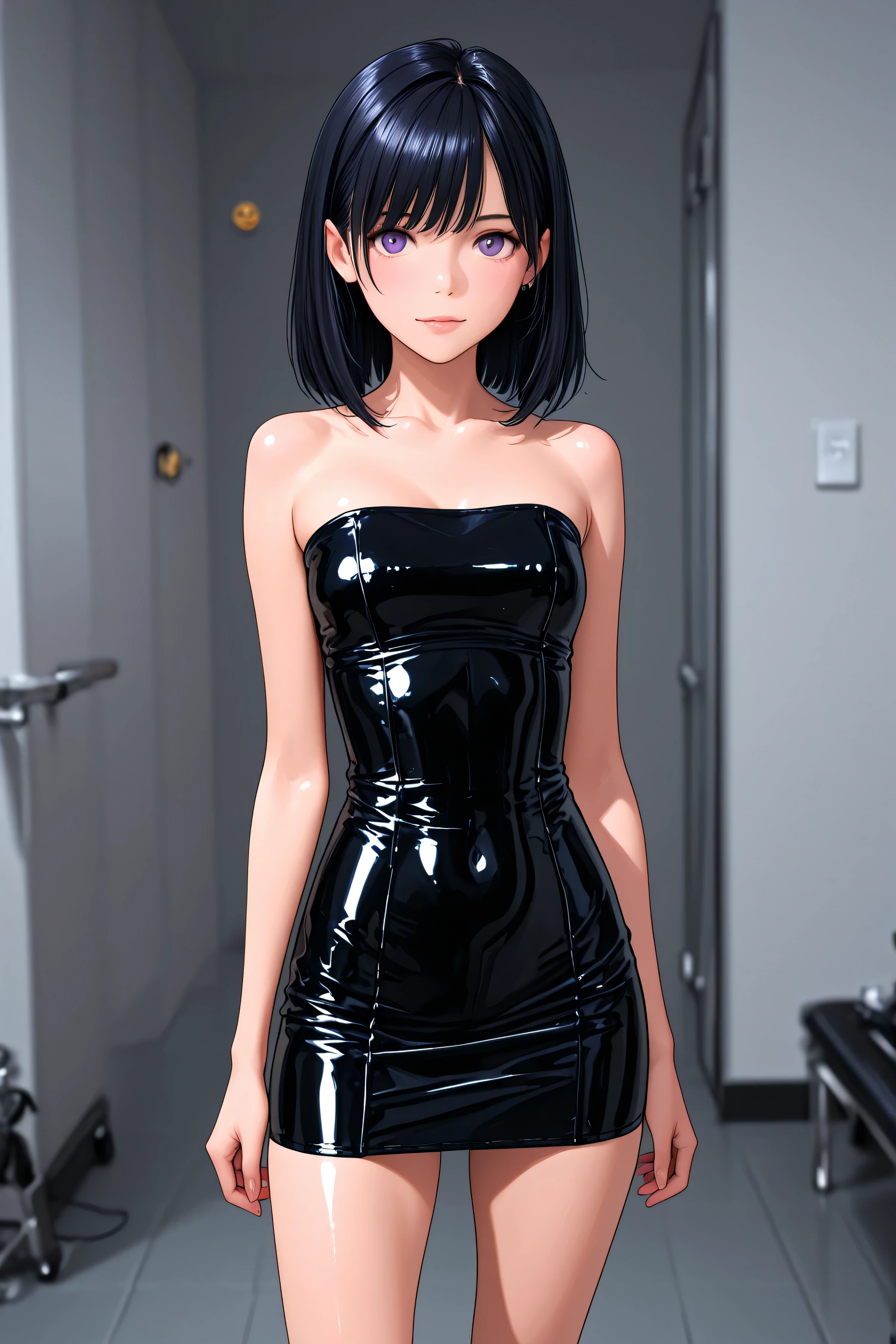 Masterpiece, Highest quality,
1girl, Alone,

black latex tube dress, short dress, strapless dress. 
( Masterpiece, the best quality, high resolution, ultra high resolution, perfect pixel, depth of field, 4k, RTTX10.0),
、Violet pair. , Love plus、long shiny black hair, beautiful purple eyes , smiley face, , very detailed face,, (Masterpiece:1.2, the best quality), ((Alone,just a girl)), ((takes a cowboy))
