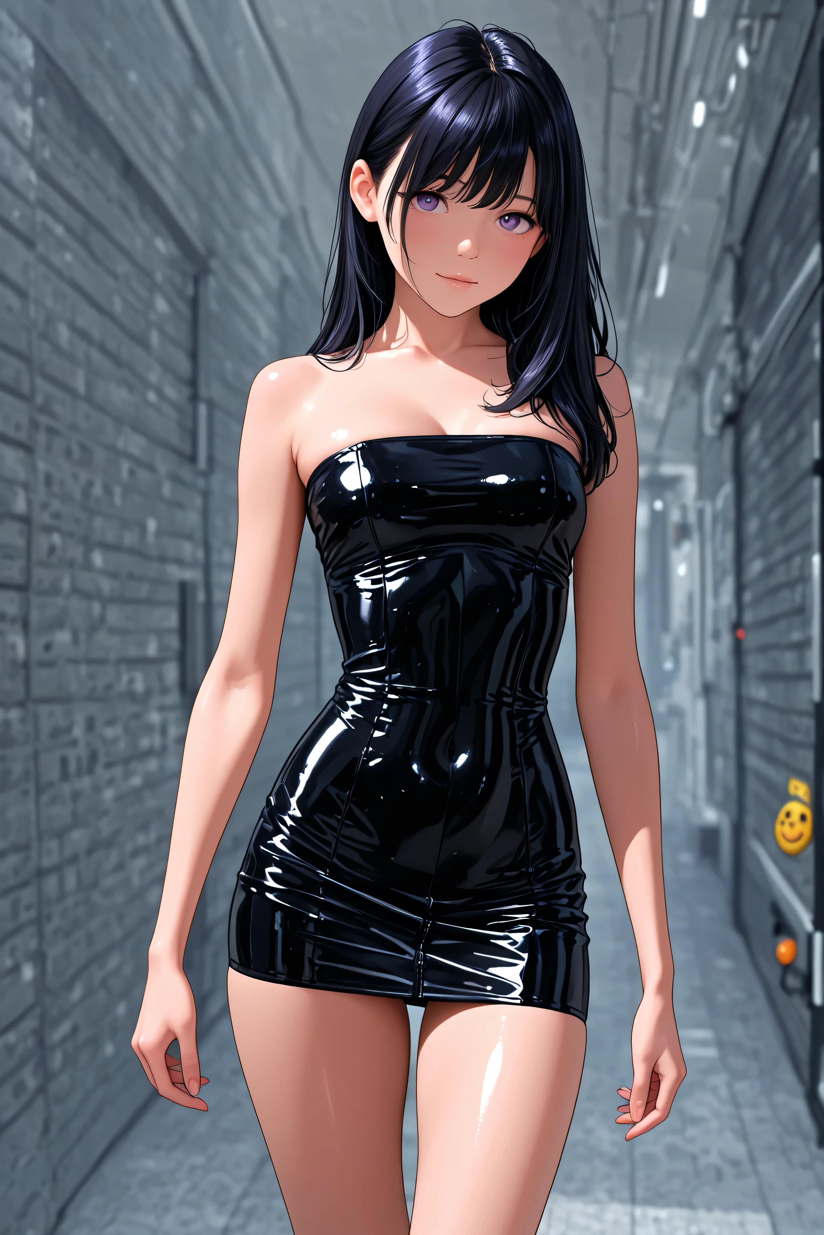 Masterpiece, Highest quality,
1girl, Alone,

black latex tube dress, short dress, strapless dress. 
( Masterpiece, the best quality, high resolution, ultra high resolution, perfect pixel, depth of field, 4k, RTTX10.0),
、Violet pair. , Love plus、long shiny black hair, beautiful purple eyes , smiley face, , very detailed face,, (Masterpiece:1.2, the best quality), ((Alone,just a girl)), ((takes a cowboy))