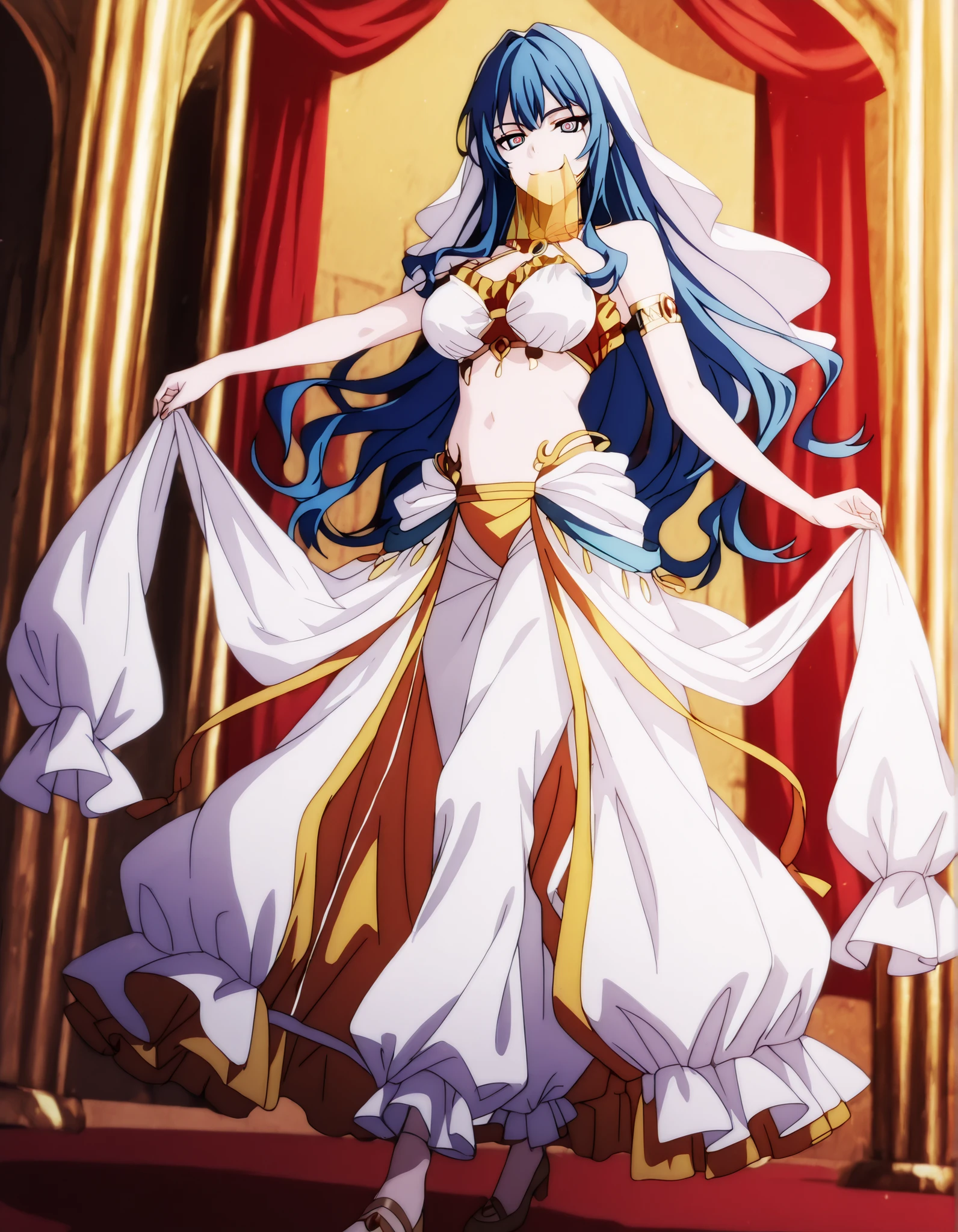 (1girl:1 . 5) , (Seul:1 . 5) , score_9 , score_8_haut , score_7_haut , source_anime , Official work  , ultra-detailed , masterpiece , best quality , high resolution , beaux yeux , detailed eyes , Detailed face , beautiful detailed eyes,1girl, long hair, blue hair, bangs, sidelocks, blue eyes, multicolored eyes, pink eyes,Our Last Crusade,Mizerhyby Hydra Nebulis,Arabian Clothes , Arabian Dancer Outfit ,belly dancer costume,belly dancer outfit ,full body,golden jewelery,mouth veil,armlet,belly dancing,arabian theater,seductive smile, dancing with veil, dynamic movement,dance posture,  pose
