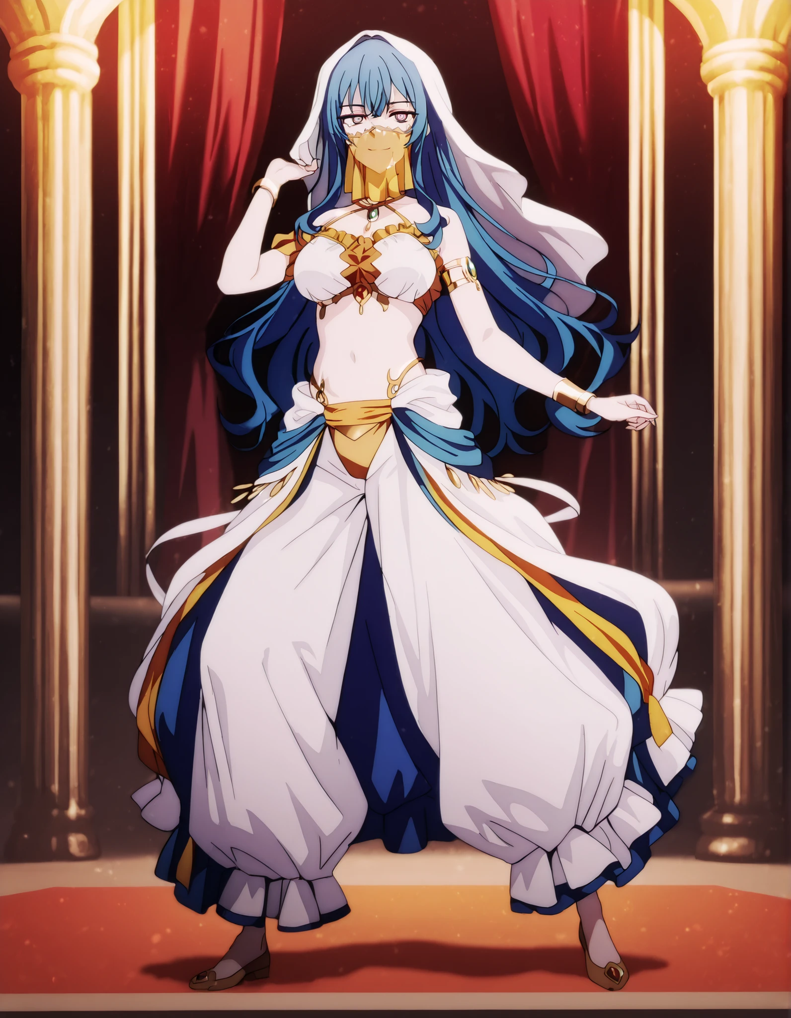 (1girl:1 . 5) , (Seul:1 . 5) , score_9 , score_8_haut , score_7_haut , source_anime , Official work , ultra-detailed , masterpiece , best quality , high resolution , beaux yeux , detailed eyes , Detailed face , beautiful detailed eyes,1girl, long hair, blue hair, bangs, sidelocks, blue eyes, multicolored eyes, pink eyes,Our Last Crusade,Mizerhyby Hydra Nebulis,Arabian Clothes , Arabian Dancer Outfit ,belly dancer costume,belly dancer outfit ,full body,golden jewelery,mouth veil,armlet,belly dancing,arabian theater,seductive smile, dancing with veil, dynamic movement,dance posture, pose