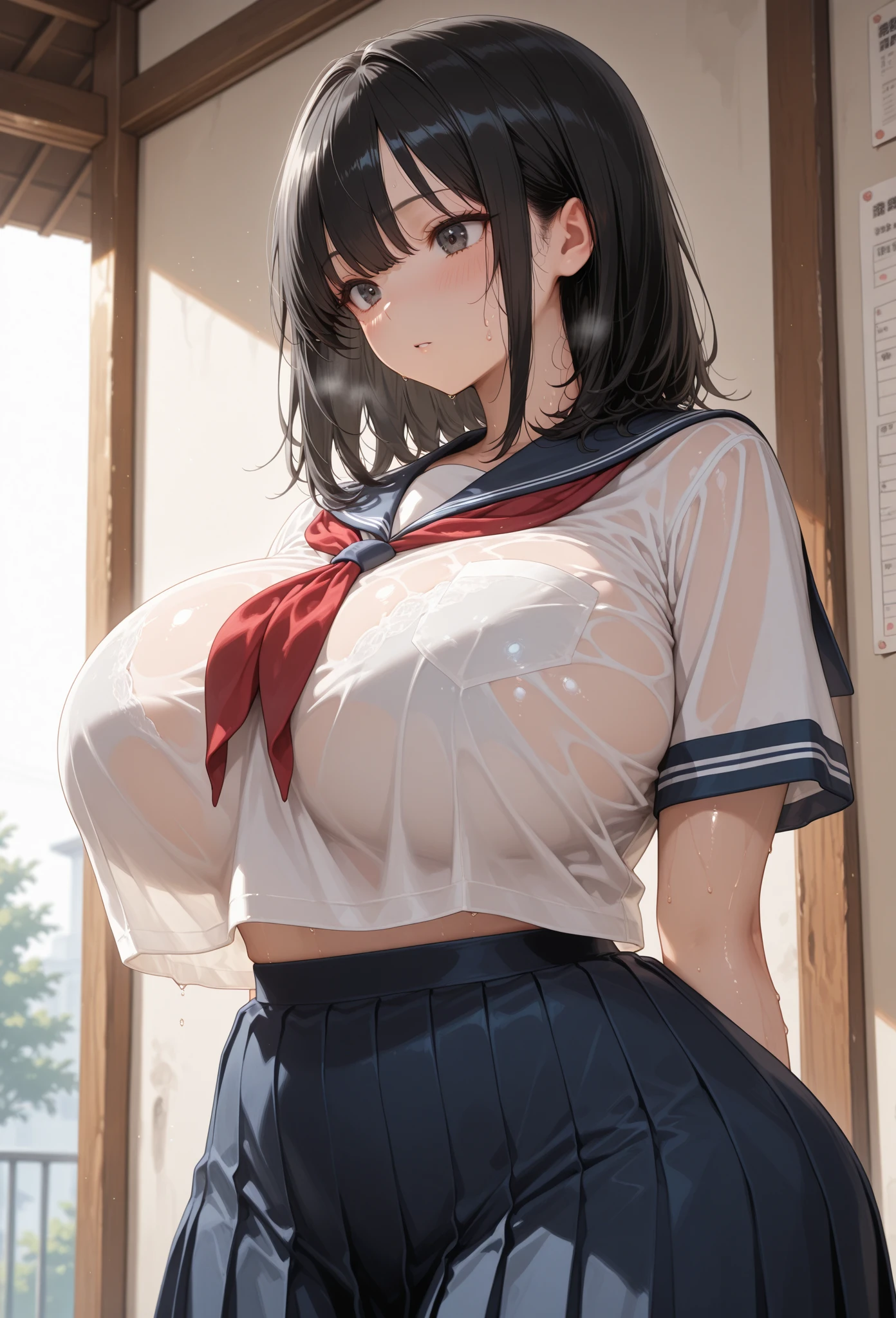 masterpiece, best quality, finely detailed, 1girl, pink_rose hair, pleated skirt, (sailor uniform), , cleavage, (Country house,Lover's House,door:1.2),moonlight night,Five Fingers,Shiny skin,She want to have sex,she is inviting me,bad eyes,(skinny body type),