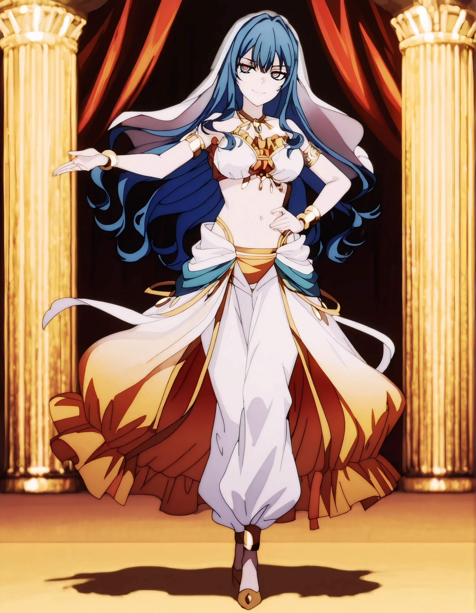 (1girl:1 . 5) , (Seul:1 . 5) , score_9 , score_8_haut , score_7_haut , source_anime , Official work  , ultra-detailed , masterpiece , best quality , high resolution , beaux yeux , detailed eyes , Detailed face , beautiful detailed eyes,1girl, long hair, blue hair, bangs, sidelocks, blue eyes, multicolored eyes, pink eyes,Our Last Crusade,Mizerhyby Hydra Nebulis,Arabian Clothes , Arabian Dancer Outfit ,belly dancer costume,belly dancer outfit ,full body,golden jewelery,armlet,belly dancing,arabian theater,seductive smile, dancing with veil, dynamic movement,dance posture,  pose