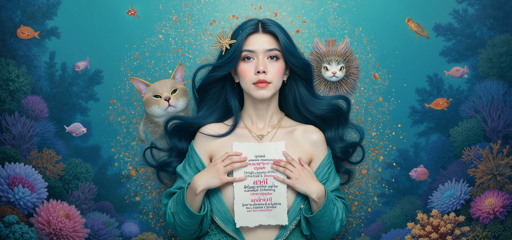 Logo. magical letter-shaped animals, fonts, beautiful close-up face mermaid on central holding text on her says "DiaH PratiWi" , auto correct detail words text. magical under ocean creatures.