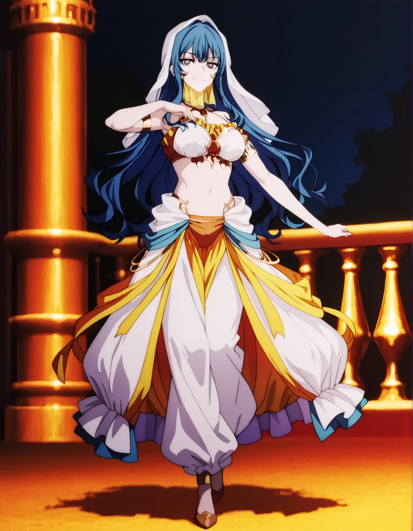 (1girl:1 . 5) , (Seul:1 . 5) , score_9 , score_8_haut , score_7_haut , source_anime , Official work , ultra-detailed , masterpiece , best quality , high resolution , beaux yeux , detailed eyes , Detailed face , beautiful detailed eyes,1girl, long hair, blue hair, bangs, sidelocks, blue eyes, multicolored eyes, pink eyes,Our Last Crusade,Mizerhyby Hydra Nebulis,Arabian Clothes , Arabian Dancer Outfit ,belly dancer costume,belly dancer outfit ,full body,golden jewelery,mouth veil,armlet,belly dancing,night,arabian garden,seductive smile, dancing with veil, dynamic movement,dance posture, pose