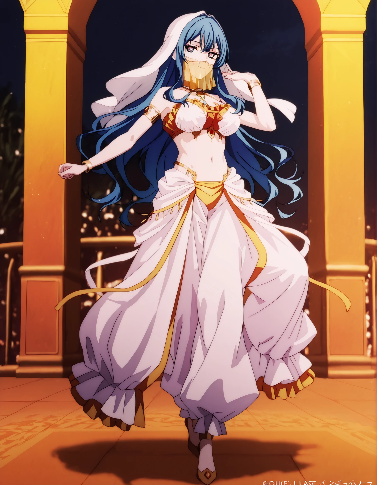 (1girl:1 . 5) , (Seul:1 . 5) , score_9 , score_8_haut , score_7_haut , source_anime , Official work  , ultra-detailed , masterpiece , best quality , high resolution , beaux yeux , detailed eyes , Detailed face , beautiful detailed eyes,1girl, long hair, blue hair, bangs, sidelocks, blue eyes, multicolored eyes, pink eyes,Our Last Crusade,Mizerhyby Hydra Nebulis,Arabian Clothes , Arabian Dancer Outfit ,belly dancer costume,belly dancer outfit ,full body,golden jewelery,mouth veil,armlet,belly dancing,night,arabian garden,seductive smile, dancing with veil, dynamic movement,dance posture,  pose