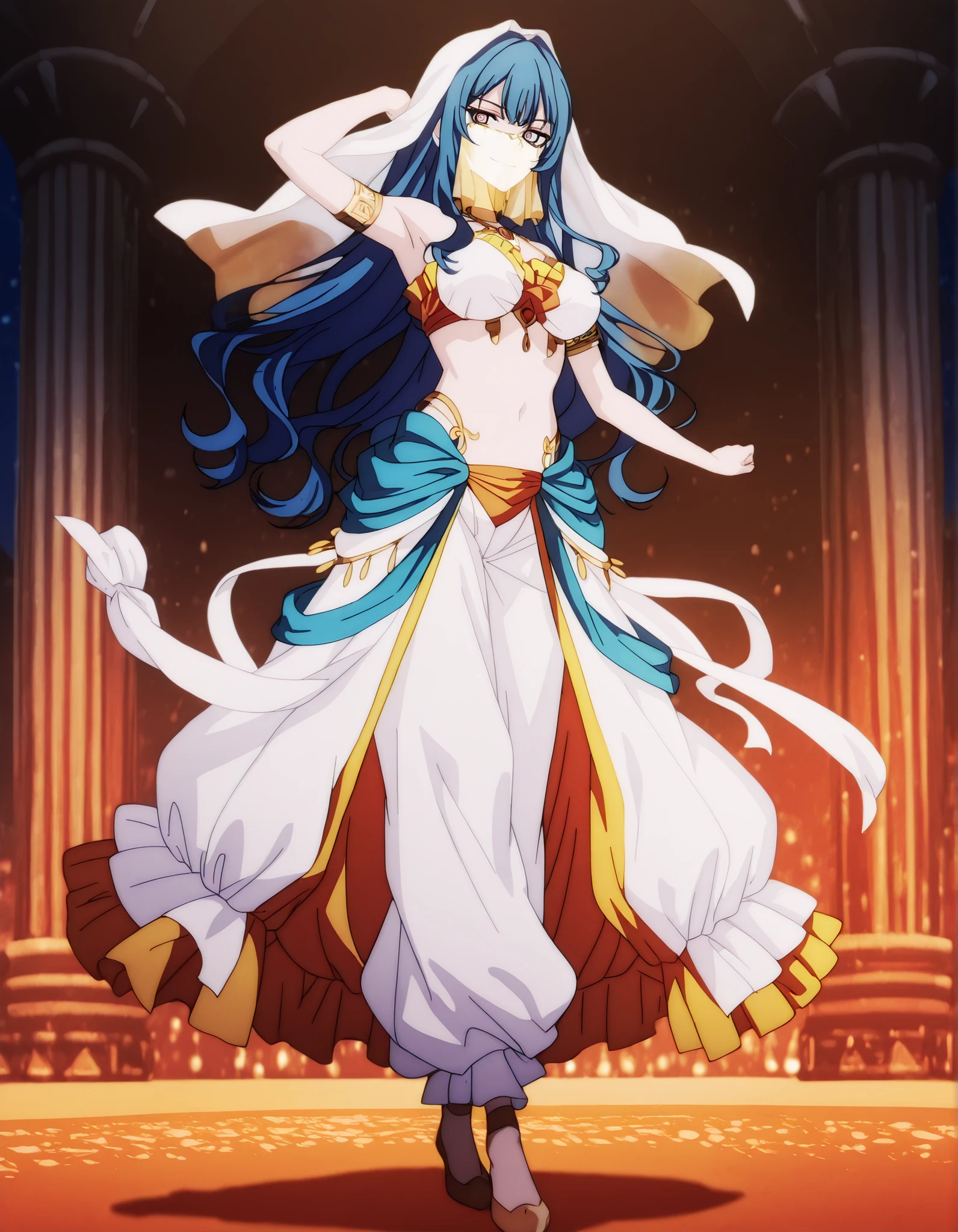 (1girl:1 . 5) , (Seul:1 . 5) , score_9 , score_8_haut , score_7_haut , source_anime , Official work , ultra-detailed , masterpiece , best quality , high resolution , beaux yeux , detailed eyes , Detailed face , beautiful detailed eyes,1girl, long hair, blue hair, bangs, sidelocks, blue eyes, multicolored eyes, pink eyes,Our Last Crusade,Mizerhyby Hydra Nebulis,Arabian Clothes , Arabian Dancer Outfit ,belly dancer costume,belly dancer outfit ,full body,golden jewelery,mouth veil,armlet,belly dancing,night,arabian garden,seductive smile, dancing with veil, dynamic movement,dance posture, pose