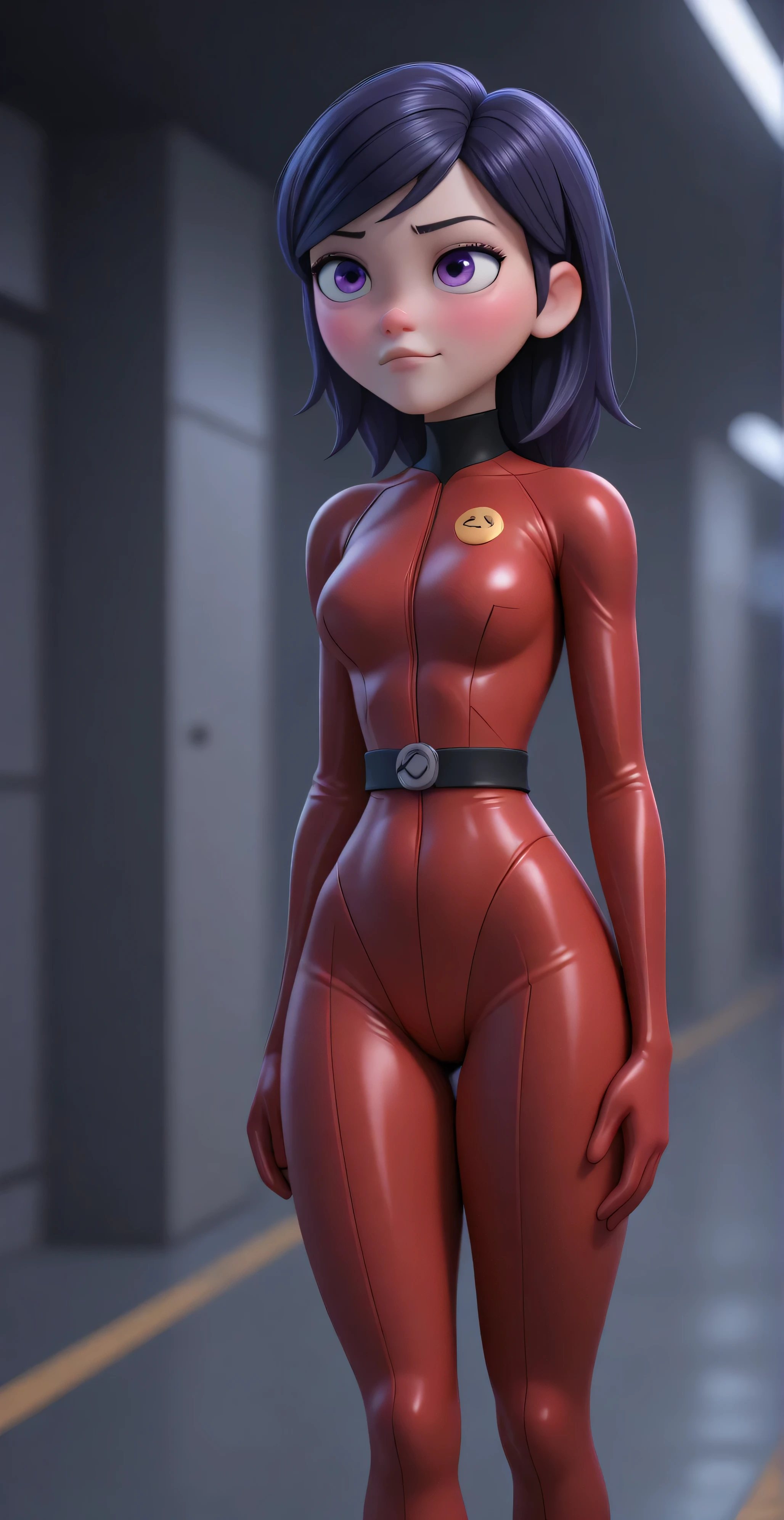 Masterpiece, Highest quality,
1girl, Alone,

Red latex suit. 
( Masterpiece, the best quality suit, high resolution, ultra high resolution, perfect pixel, depth of field, 4k, RTTX10.0),
、Violet pair. , 、dark purple hair tattoo, long bright, beautiful purple eyes , smiley face, , very detailed face,, (Masterpiece:1.2, the best quality suit), ((Alone,just a girl)), ((takes a cowboy)). wide hip. wide thighs and legs. 