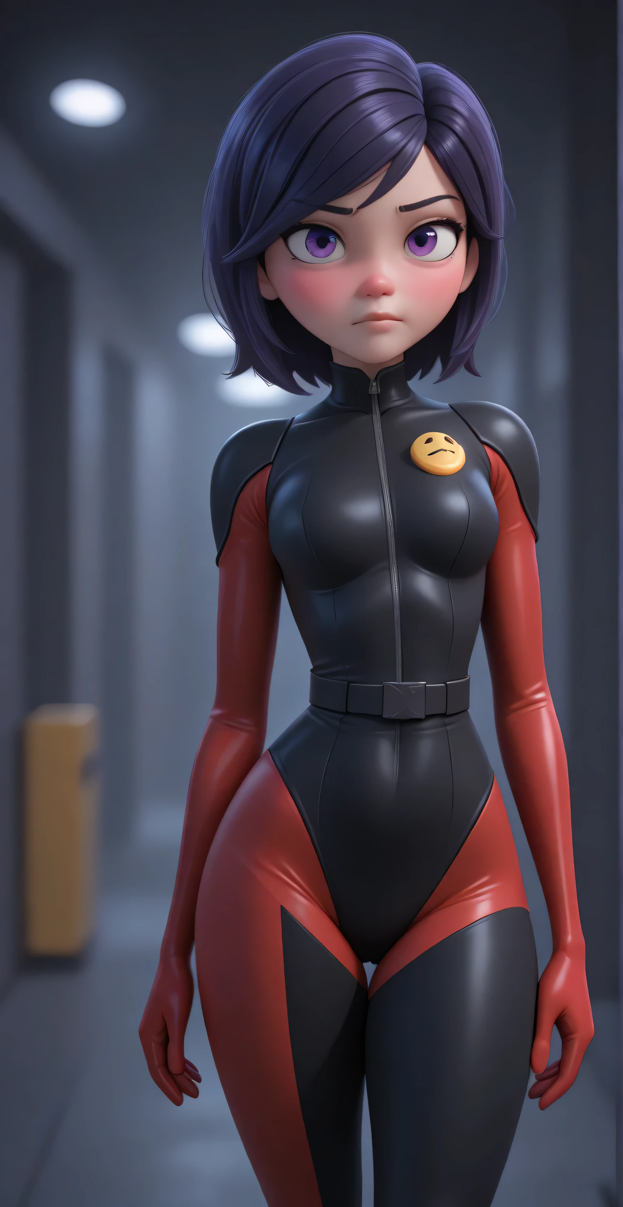 Masterpiece, Highest quality,
1girl, Alone,

Red latex suit. 
( Masterpiece, the best quality suit, high resolution, ultra high resolution, perfect pixel, depth of field, 4k, RTTX10.0),
、Violet pair. , 、dark purple hair tattoo, long bright, beautiful purple eyes , smiley face, , very detailed face,, (Masterpiece:1.2, the best quality suit), ((Alone,just a girl)), ((takes a cowboy)). wide hip. wide thighs and legs. 