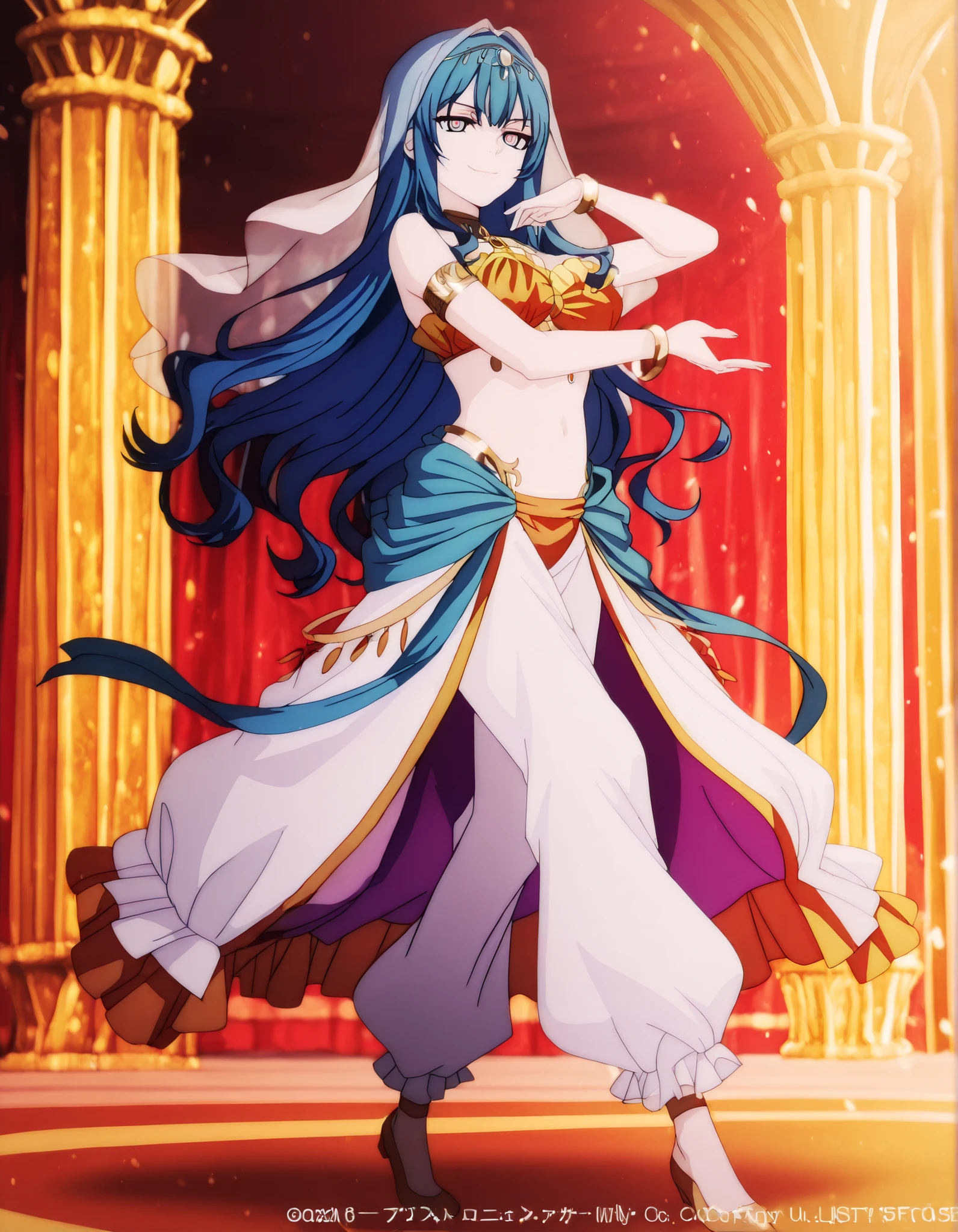 (1girl:1 . 5) , (Seul:1 . 5) , score_9 , score_8_haut , score_7_haut , source_anime , Official work  , ultra-detailed , masterpiece , best quality , high resolution , beaux yeux , detailed eyes , Detailed face , beautiful detailed eyes,1girl, long hair, blue hair, bangs, sidelocks, blue eyes, multicolored eyes, pink eyes,Our Last Crusade,Mizerhyby Hydra Nebulis,Arabian Clothes , Arabian Dancer Outfit ,belly dancer costume,belly dancer outfit ,full body,golden jewelery,armlet,belly dancing,arabian garden,seductive smile, dancing with veil, dynamic movement,dance posture,  pose