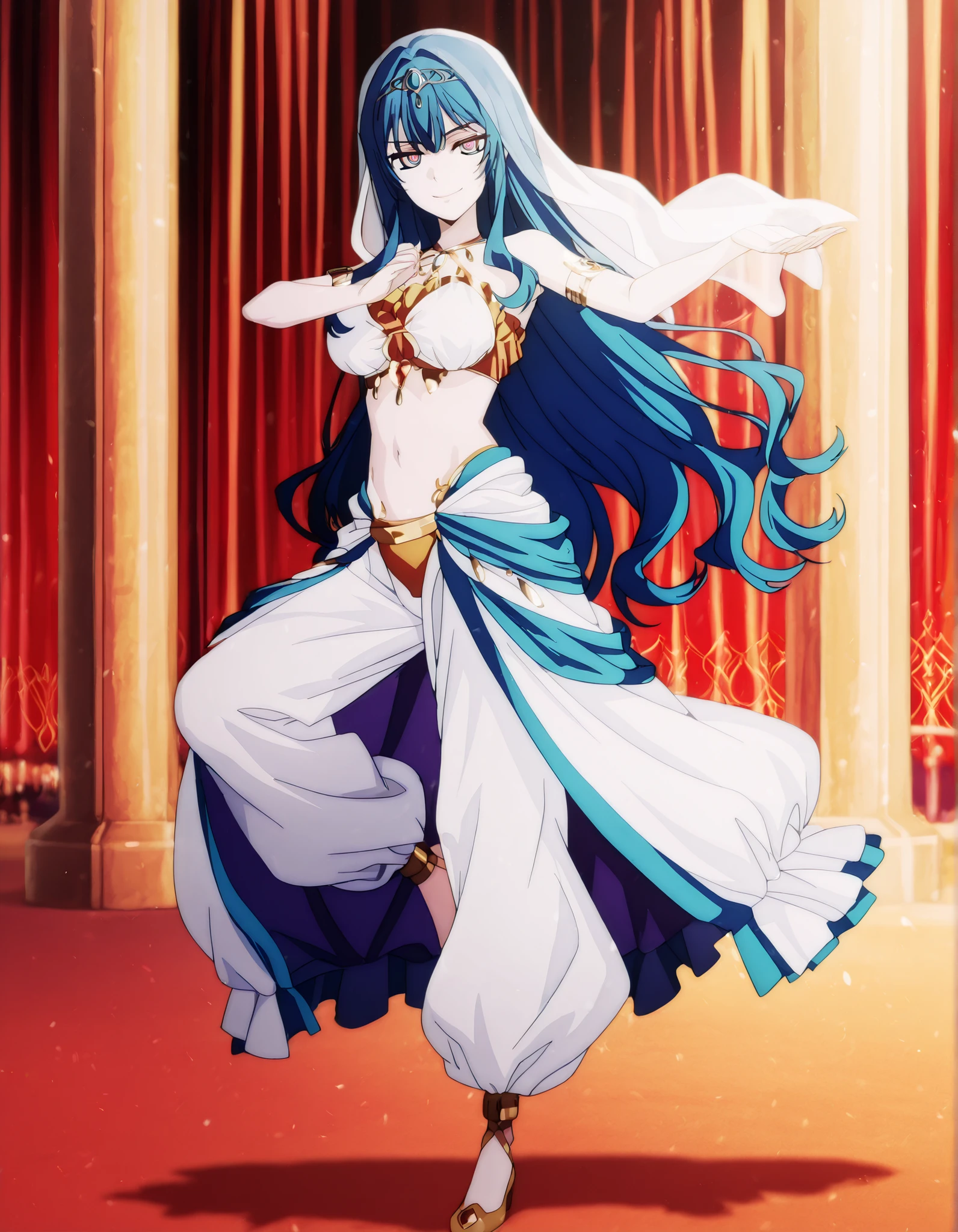 (1girl:1 . 5) , (Seul:1 . 5) , score_9 , score_8_haut , score_7_haut , source_anime , Official work  , ultra-detailed , masterpiece , best quality , high resolution , beaux yeux , detailed eyes , Detailed face , beautiful detailed eyes,1girl, long hair, blue hair, bangs, sidelocks, blue eyes, multicolored eyes, pink eyes,Our Last Crusade,Mizerhyby Hydra Nebulis,Arabian Clothes , Arabian Dancer Outfit ,belly dancer costume,belly dancer outfit ,full body,golden jewelery,armlet,belly dancing,arabian garden,seductive smile, dancing with veil, dynamic movement,dance posture,  pose