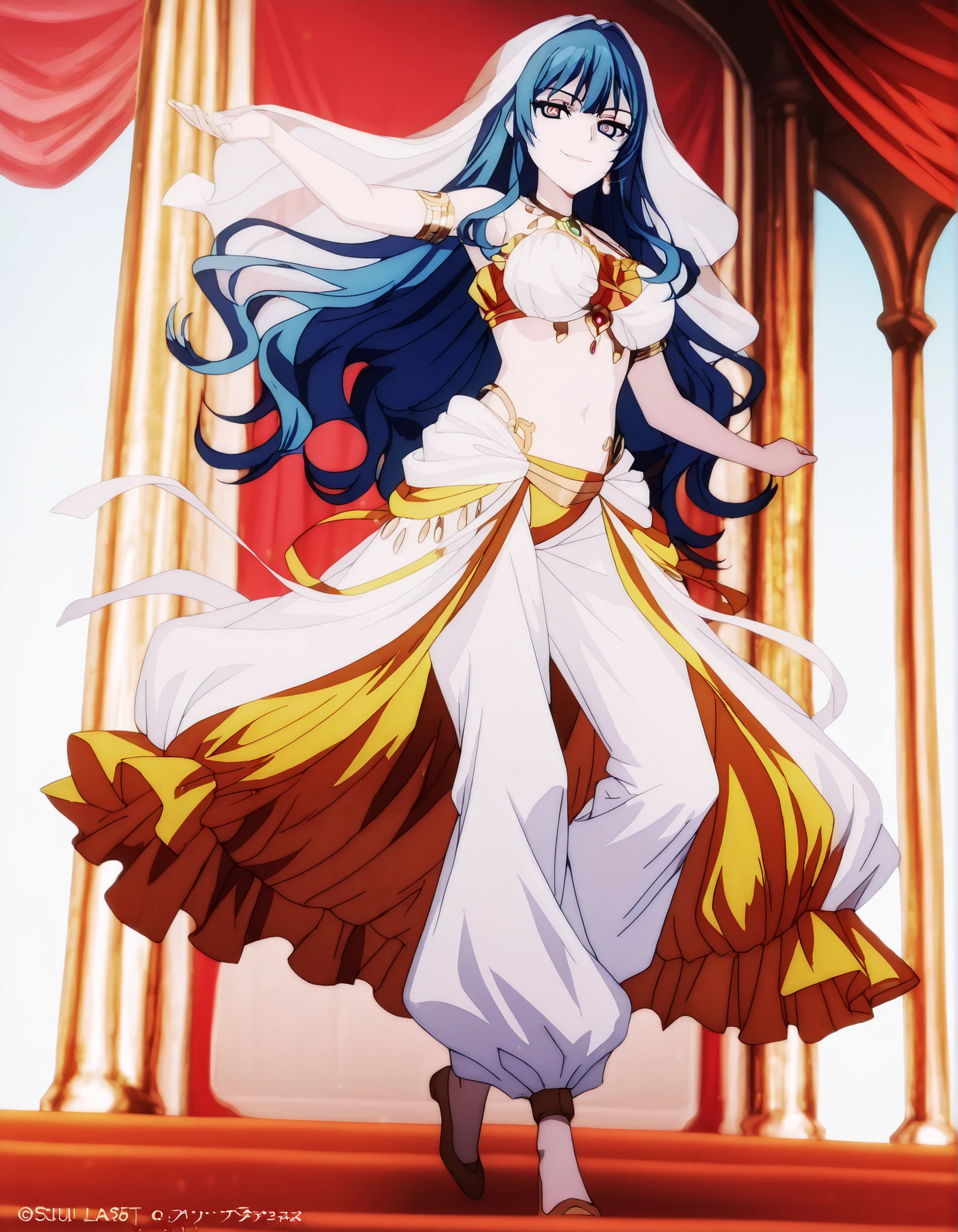 (1girl:1 . 5) , (Seul:1 . 5) , score_9 , score_8_haut , score_7_haut , source_anime , Official work , ultra-detailed , masterpiece , best quality , high resolution , beaux yeux , detailed eyes , Detailed face , beautiful detailed eyes,1girl, long hair, blue hair, bangs, sidelocks, blue eyes, multicolored eyes, pink eyes,Our Last Crusade,Mizerhyby Hydra Nebulis,Arabian Clothes , Arabian Dancer Outfit ,belly dancer costume,belly dancer outfit ,full body,golden jewelery,armlet,belly dancing,arabian garden,seductive smile, dancing with veil, dynamic movement,dance posture, pose