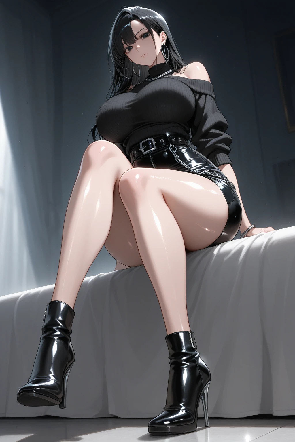 Large full breasts　　Suspenders　　Garters　　leg-garter　A smile　　A miniskirt　Black-brown hair　Gray eyes　flank　Behind　Raise your hands　hason　Black tank top