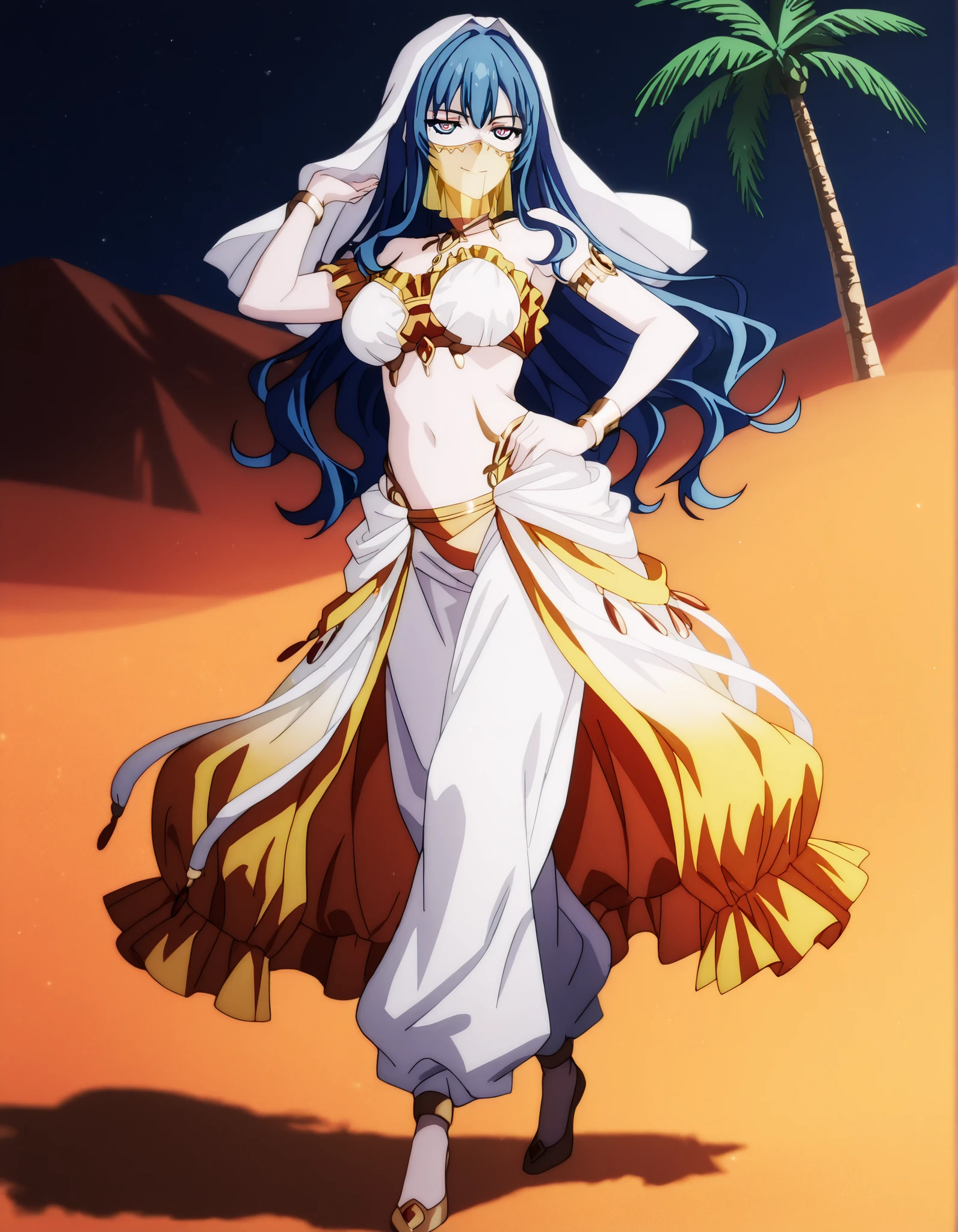 (1girl:1 . 5) , (Seul:1 . 5) , score_9 , score_8_haut , score_7_haut , source_anime , Official work  , ultra-detailed , masterpiece , best quality , high resolution , beaux yeux , detailed eyes , Detailed face , beautiful detailed eyes,1girl, long hair, blue hair, bangs, sidelocks, blue eyes, multicolored eyes, pink eyes,Our Last Crusade,Mizerhyby Hydra Nebulis,Arabian Clothes , Arabian Dancer Outfit ,belly dancer costume,belly dancer outfit ,full body,golden jewelery,mouth veil,armlet,belly dancing,night,desert lands,palm tree,seductive smile, dancing with veil, dynamic movement,dance posture,  pose